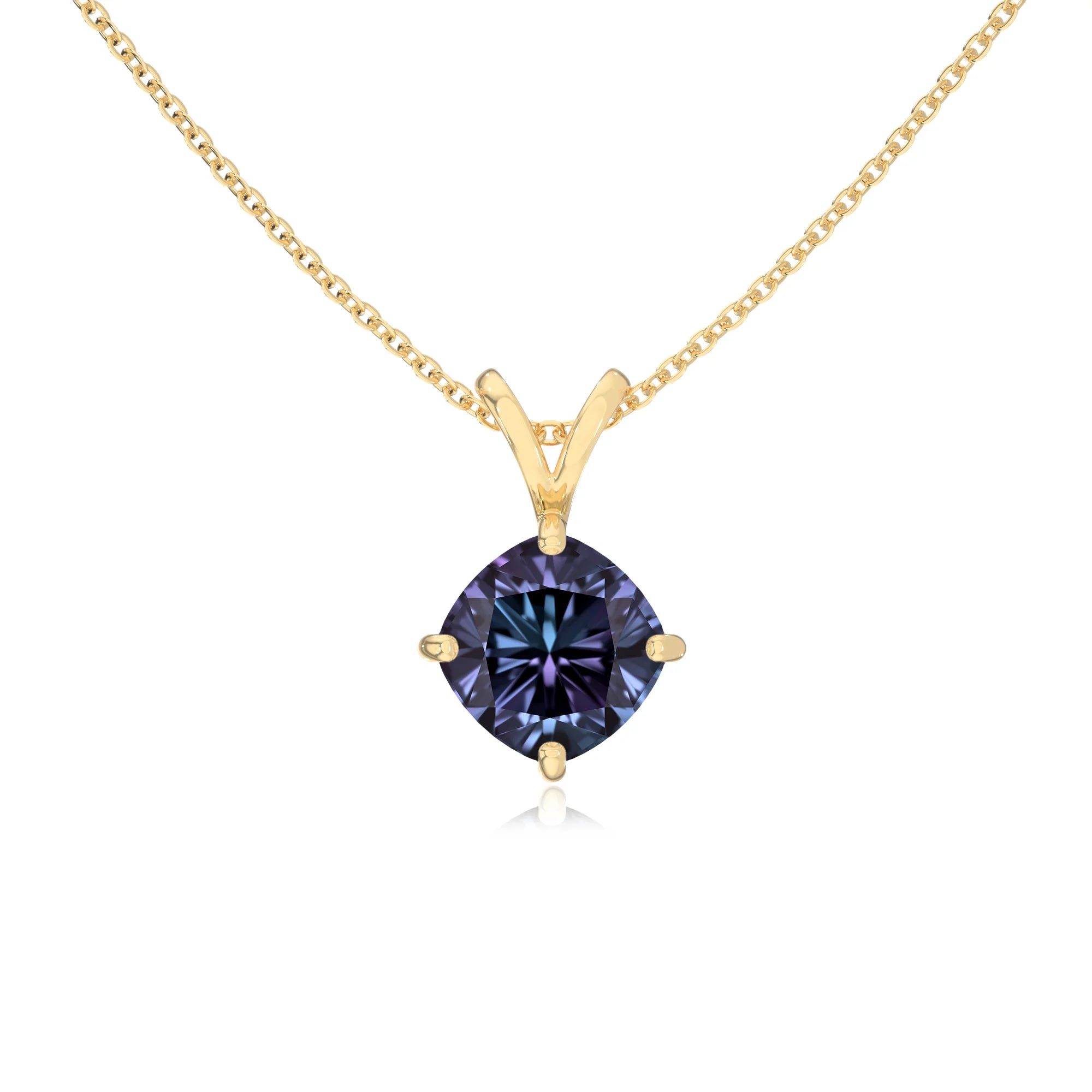 lab grown alexandrite cushion solitaire v-bale necklaces in yellow gold