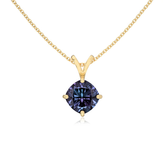 lab grown alexandrite cushion solitaire v-bale necklaces in yellow gold