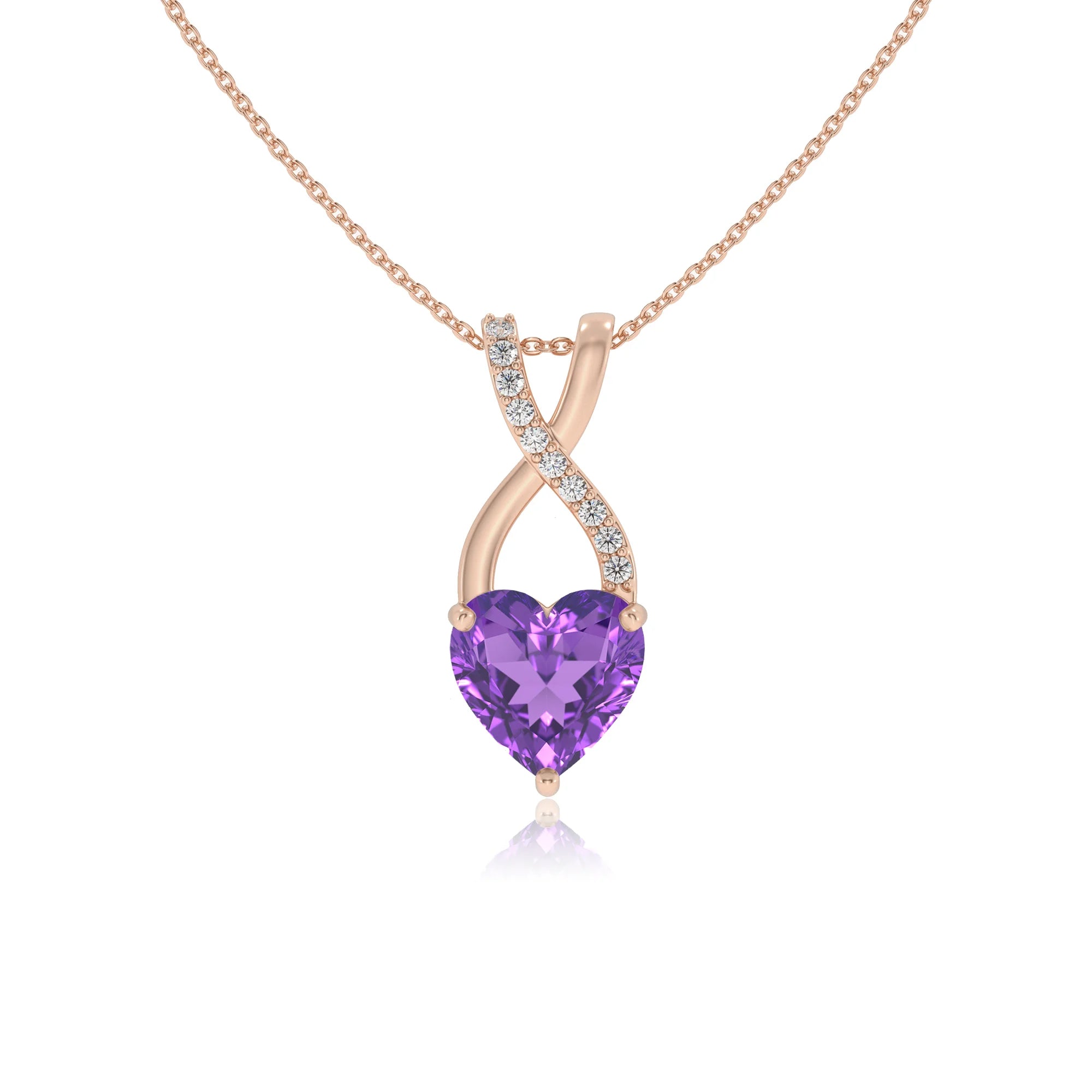 lab grown amethyst heart solitaire necklaces in rose gold