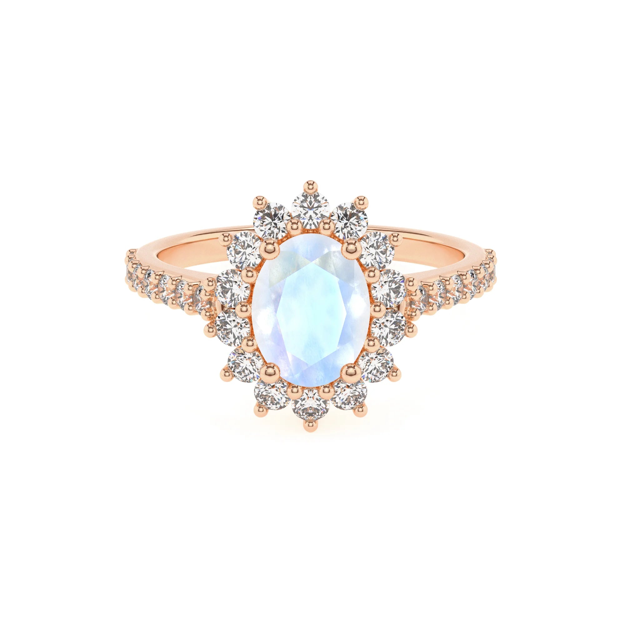 natural rainbow-moonstone oval solitaire rings in rose gold