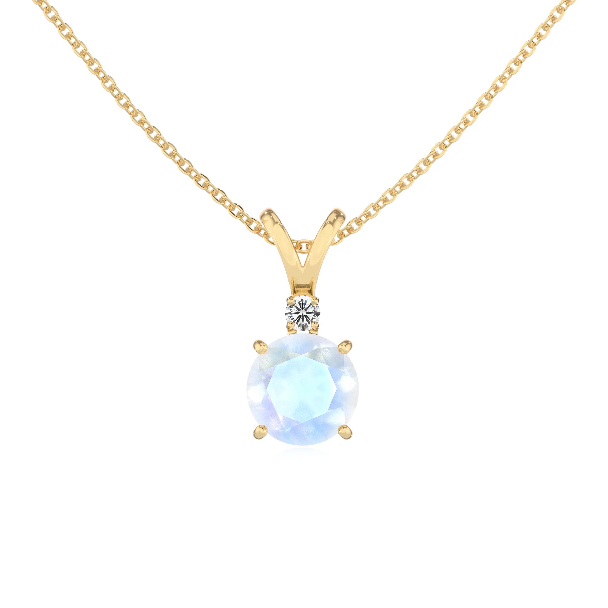 natural rainbow-moonstone round solitaire v-bale necklaces in yellow gold