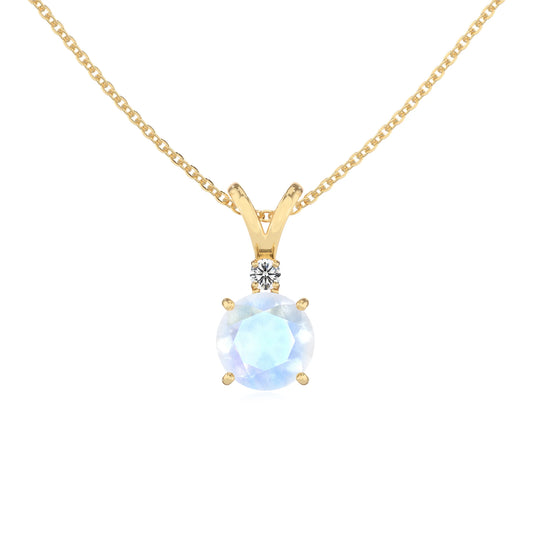 natural rainbow-moonstone round solitaire v-bale necklaces in yellow gold