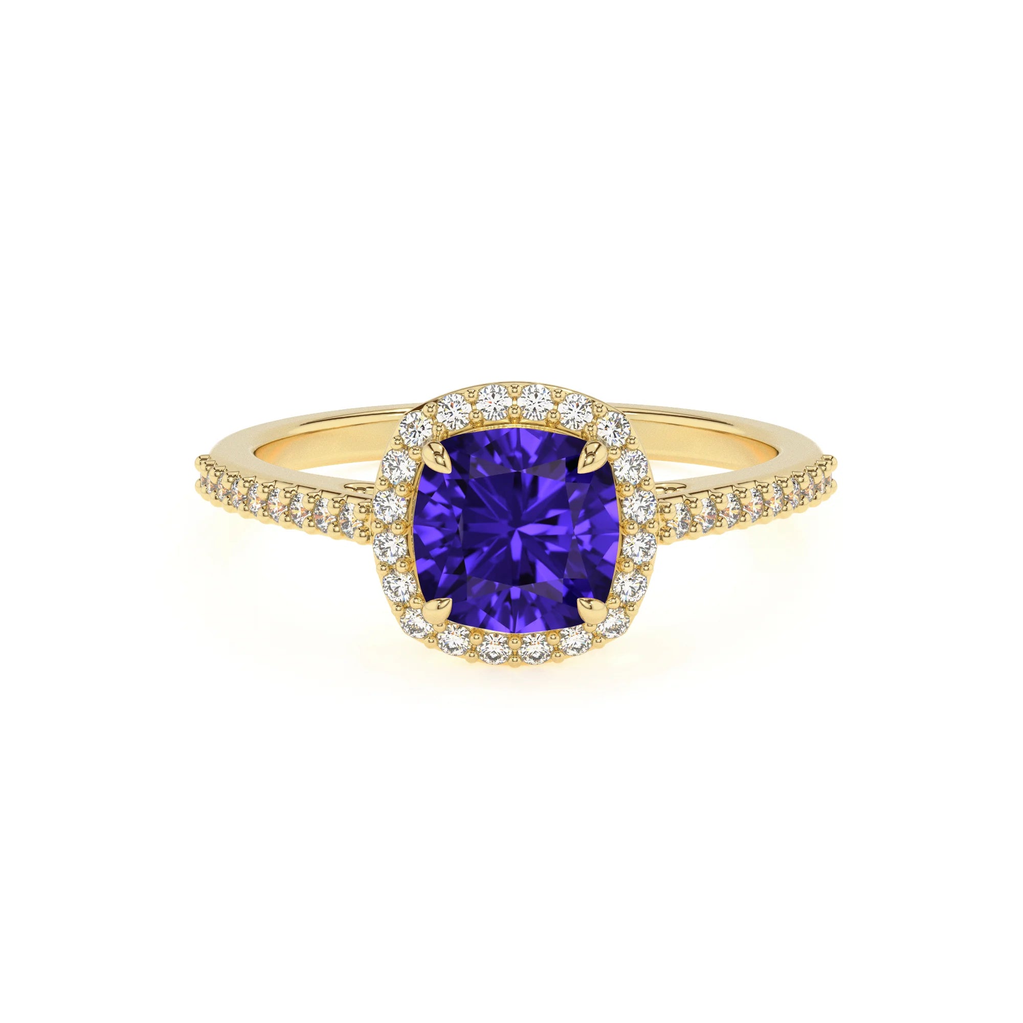 lab grown tanzanite cushion solitaire rings in yellow gold