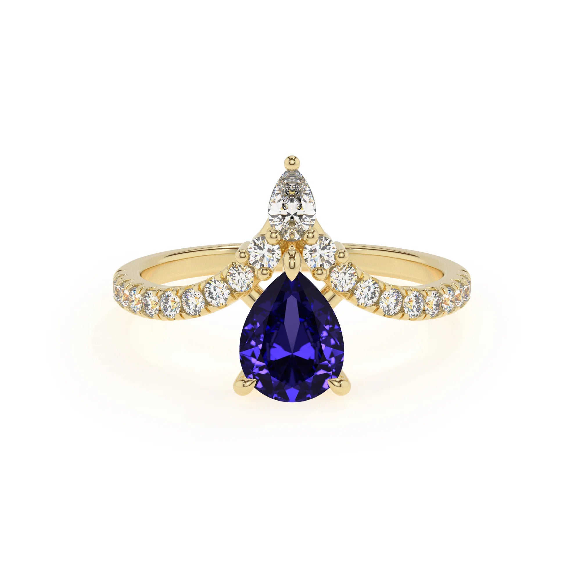 lab grown tanzanite pear solitaire rings in yellow gold