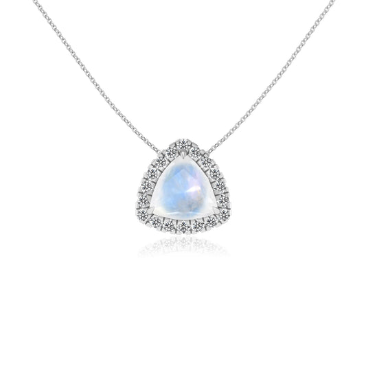 natural rainbow moonstone trillion solitaire necklaces in white gold
