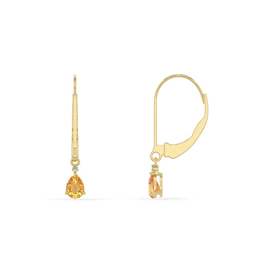lab grown citrine pear drop earrings in yellow gold