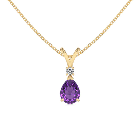 lab grown amethyst pear solitaire v-bale necklaces in yellow gold