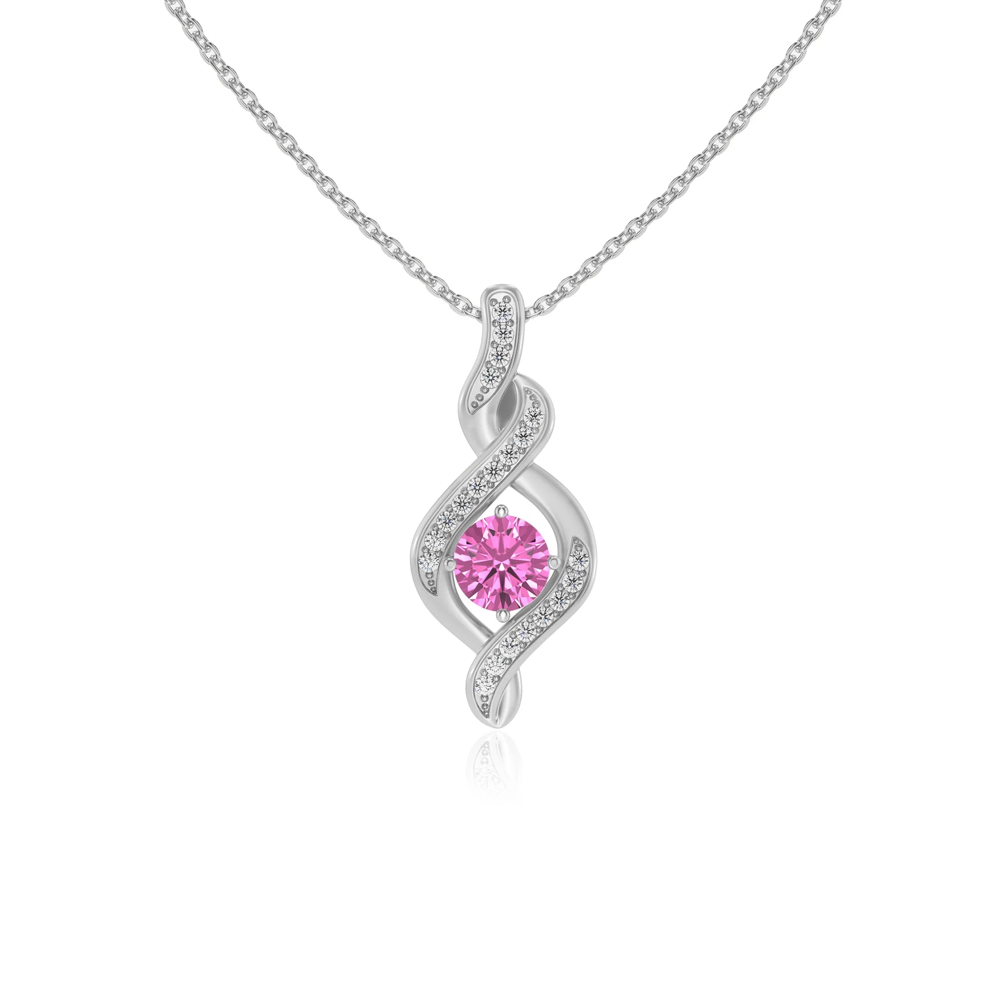 lab grown pink-sapphire round solitaire necklaces in white gold