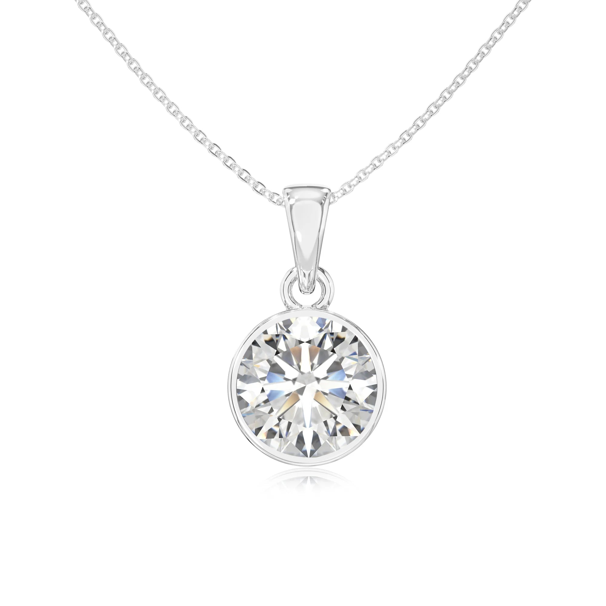 lab grown moissanite round solitaire necklaces in sterling silver