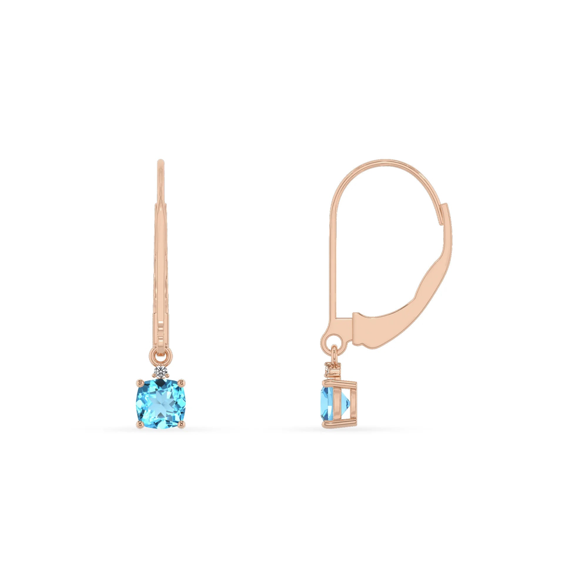 natural swiss blue topaz cushion drop earrings in rose gold