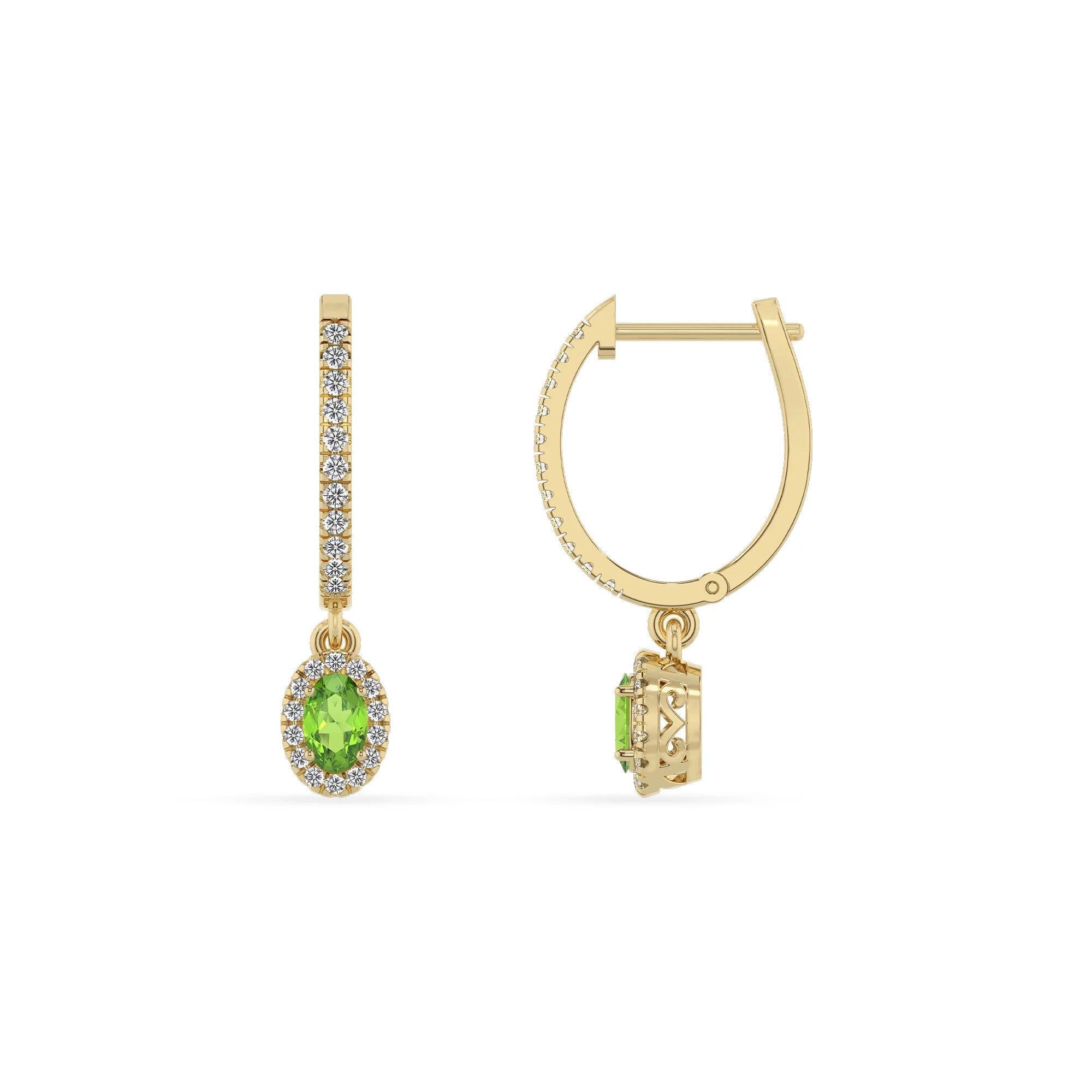 natural peridot oval drop earrings in yellow gold