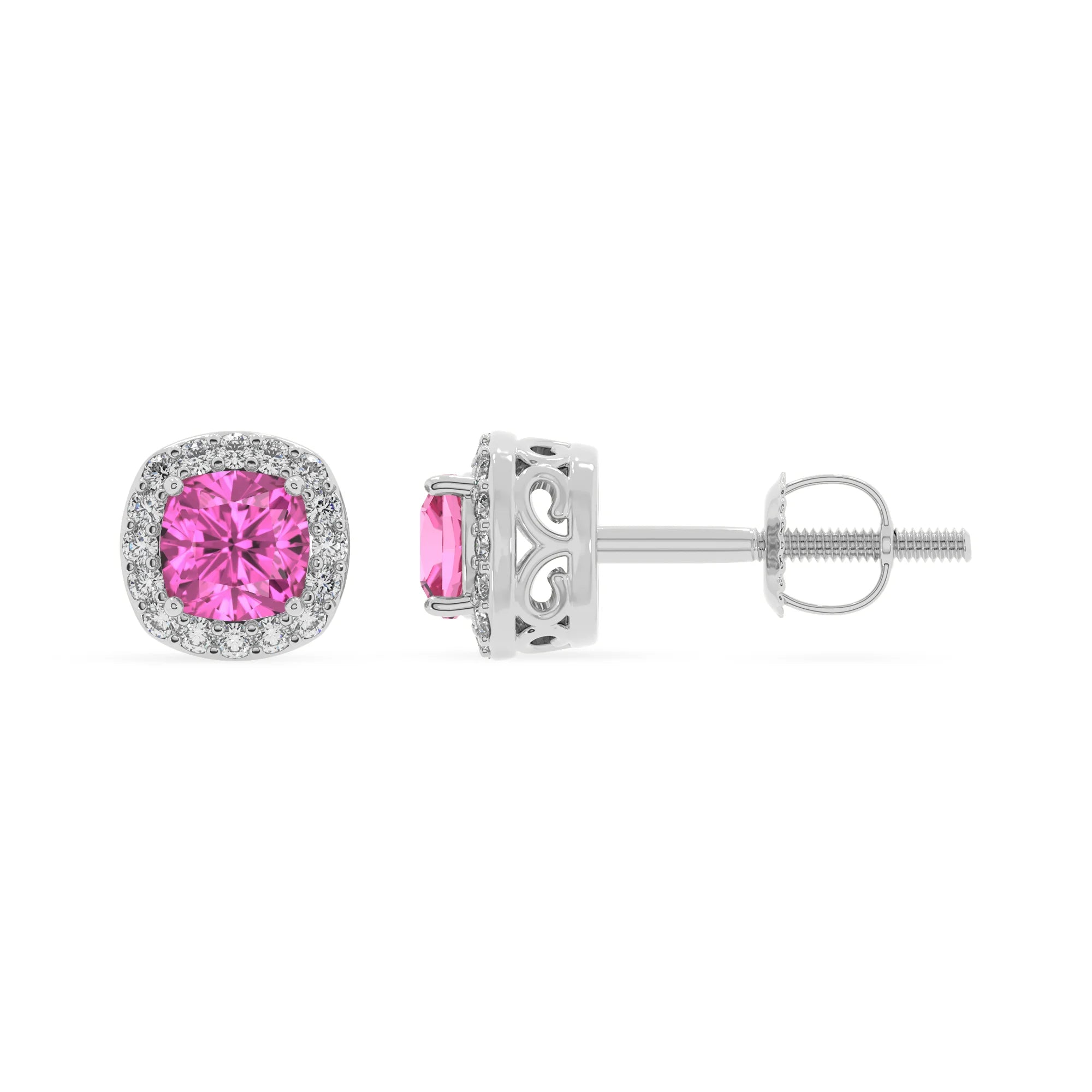 lab grown pink sapphire cushion stud earrings in sterling silver
