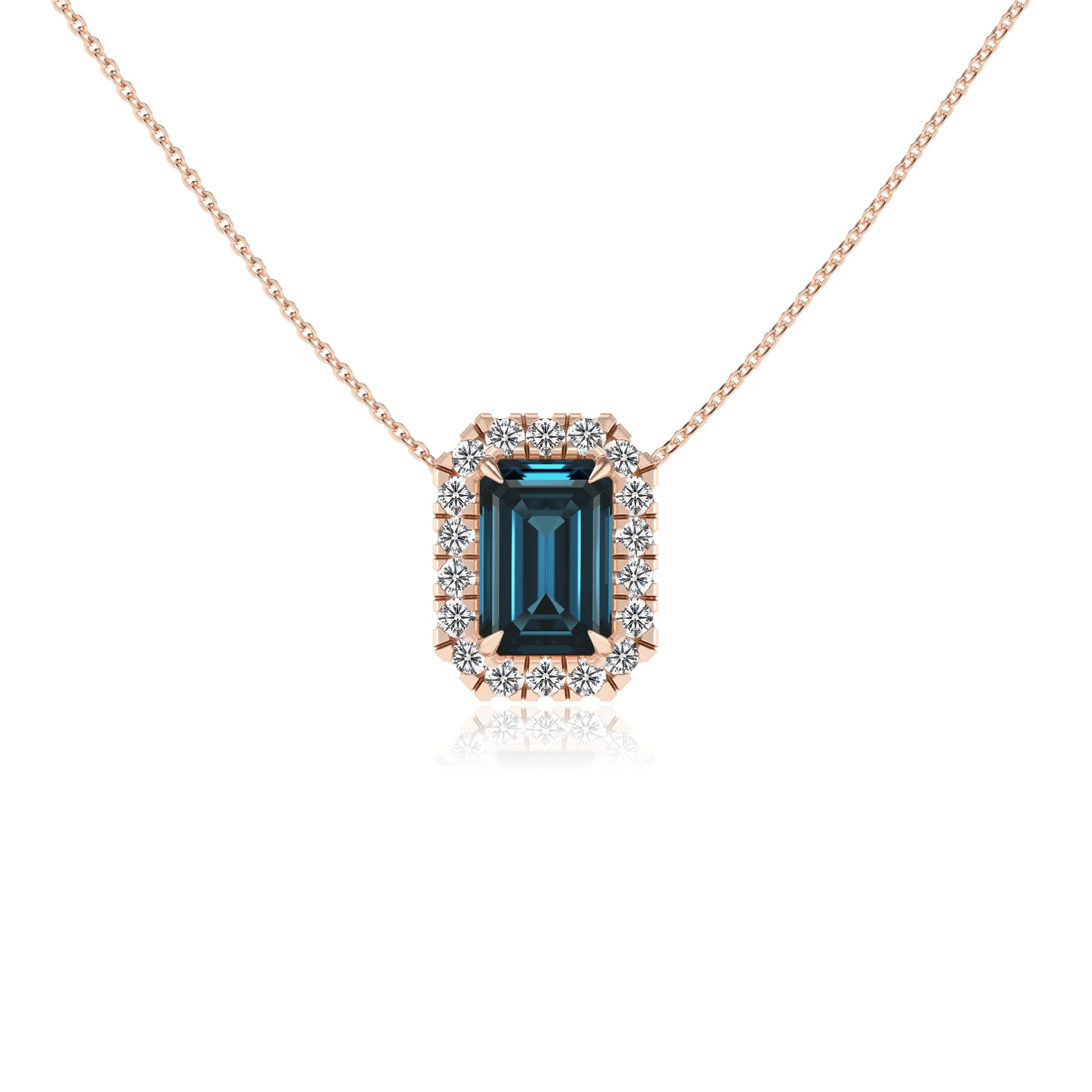 natural london blue topaz emerald cut solitaire necklaces in rose gold