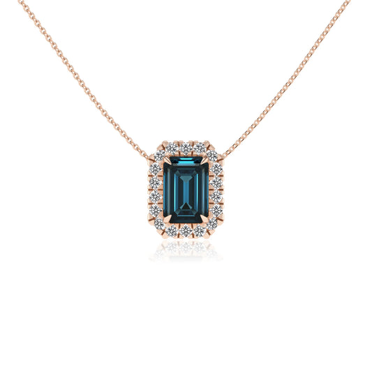 natural london blue topaz emerald cut solitaire necklaces in rose gold