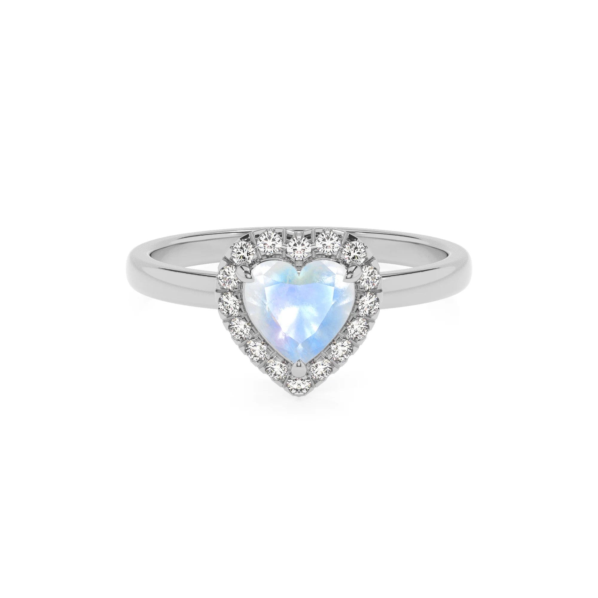 natural rainbow-moonstone heart solitaire rings in white gold