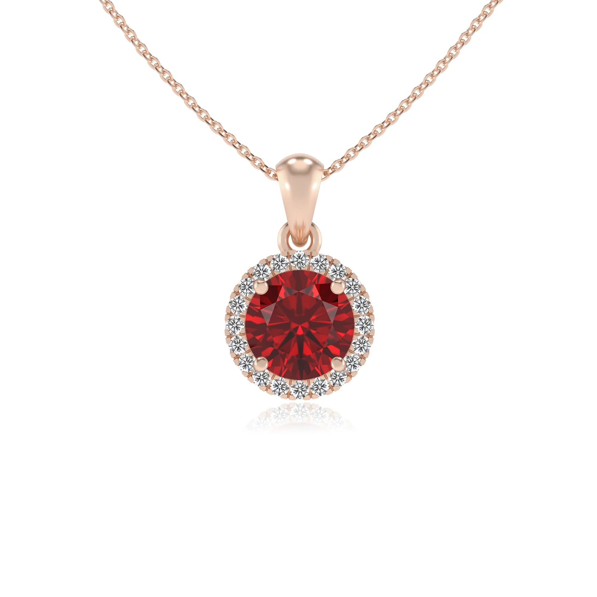 lab grown ruby round solitaire necklaces in rose gold