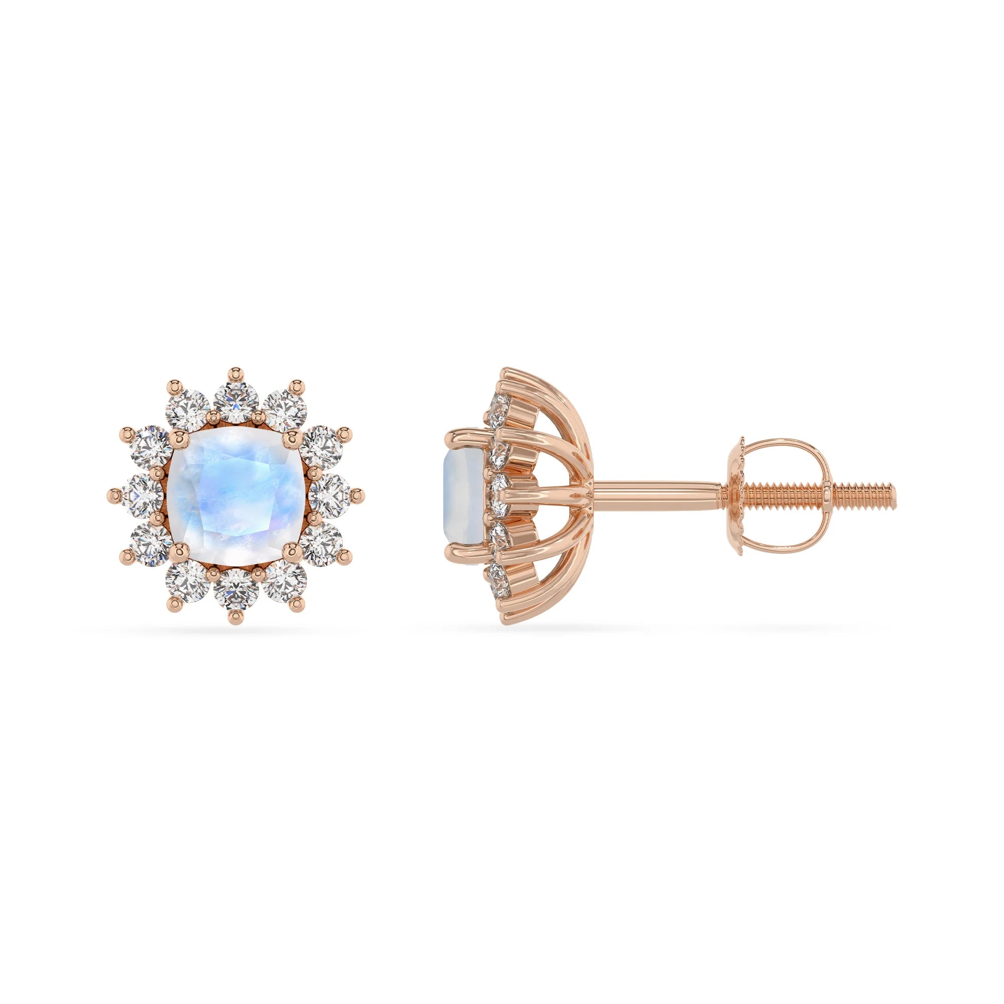 natural rainbow moonstone cushion stud earrings in rose gold