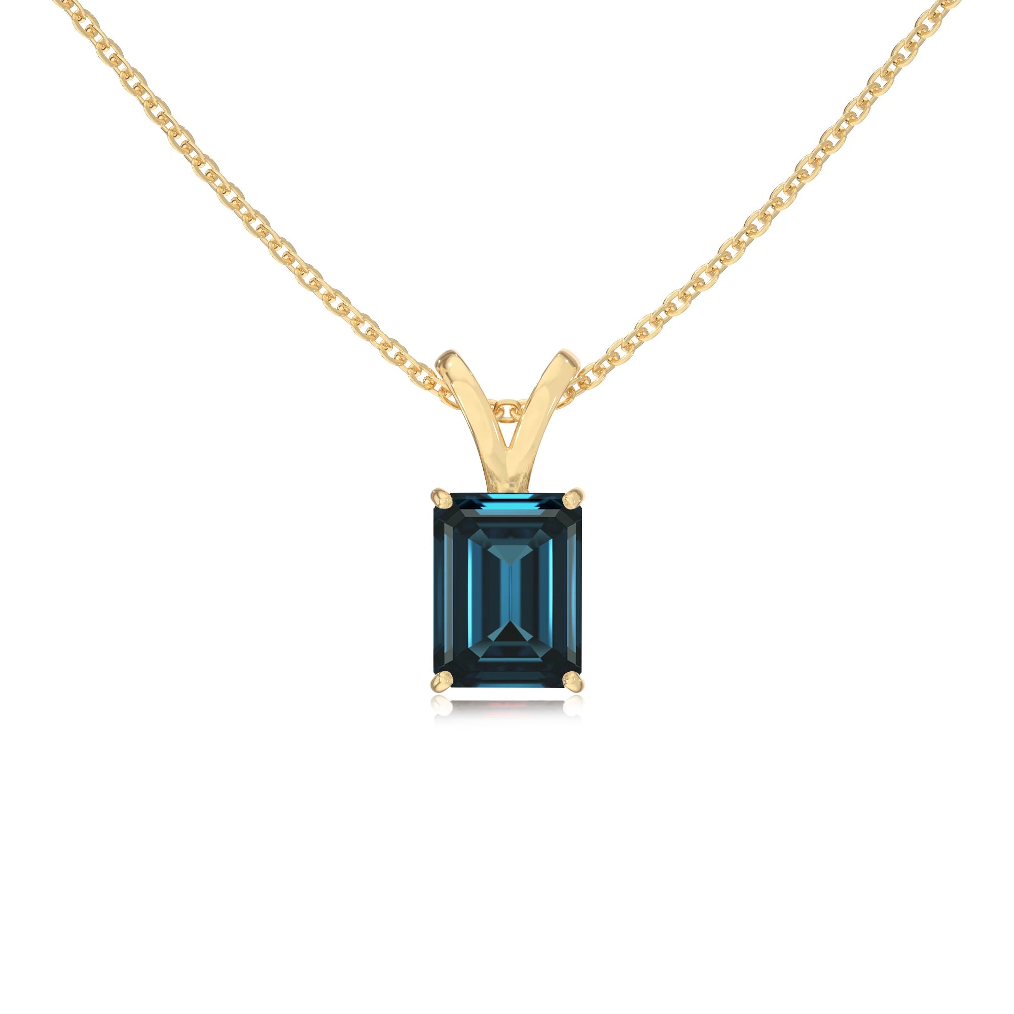 natural london-blue-topaz emerald cut solitaire v-bale necklaces in yellow gold