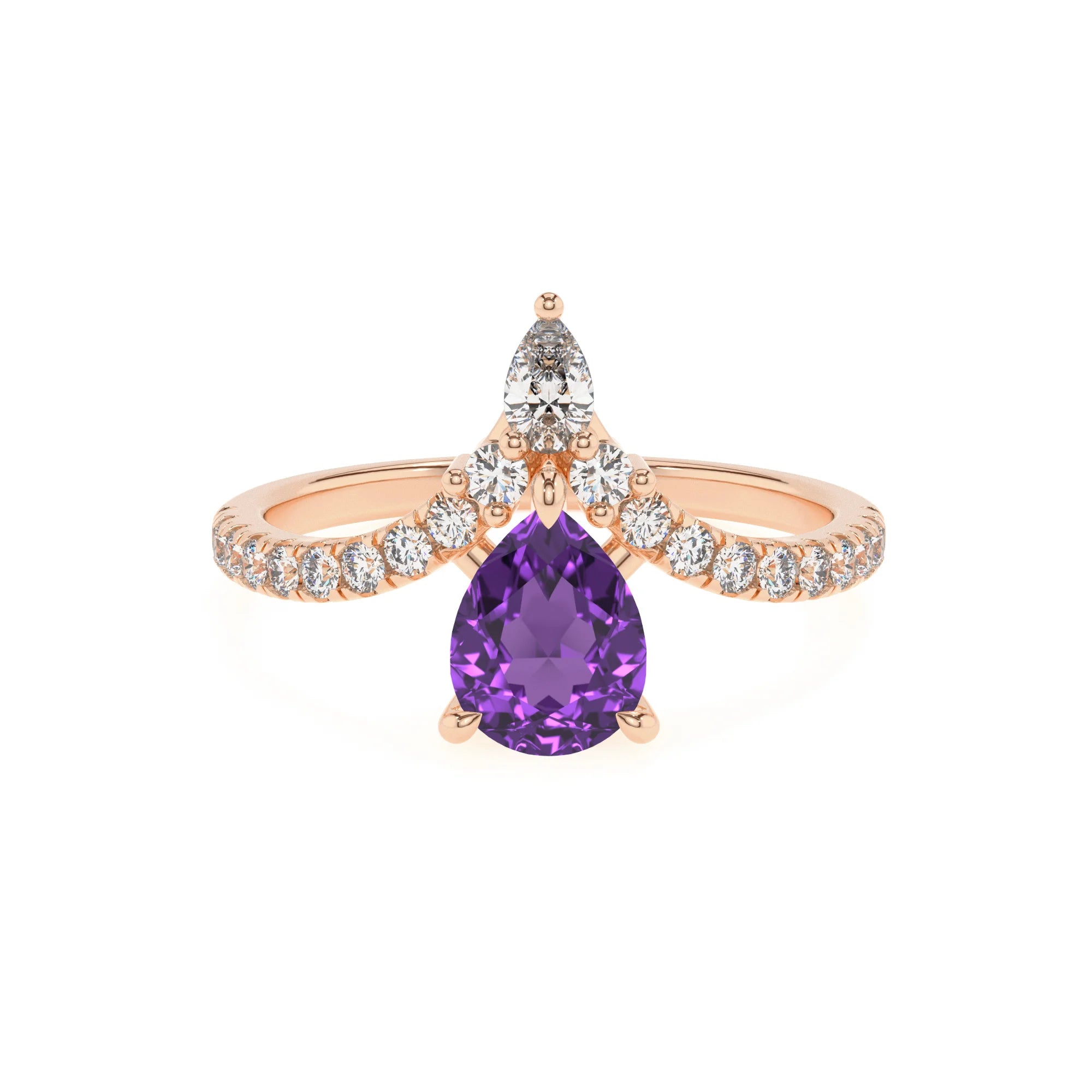 lab grown amethyst pear solitaire rings in rose gold