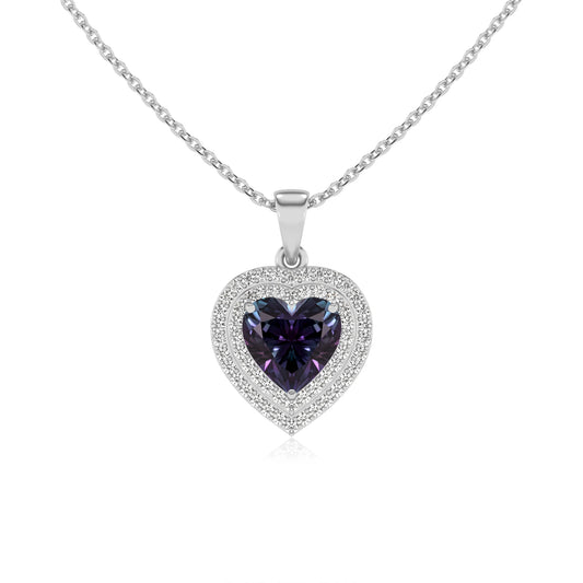 lab grown alexandrite heart halo necklaces in sterling silver