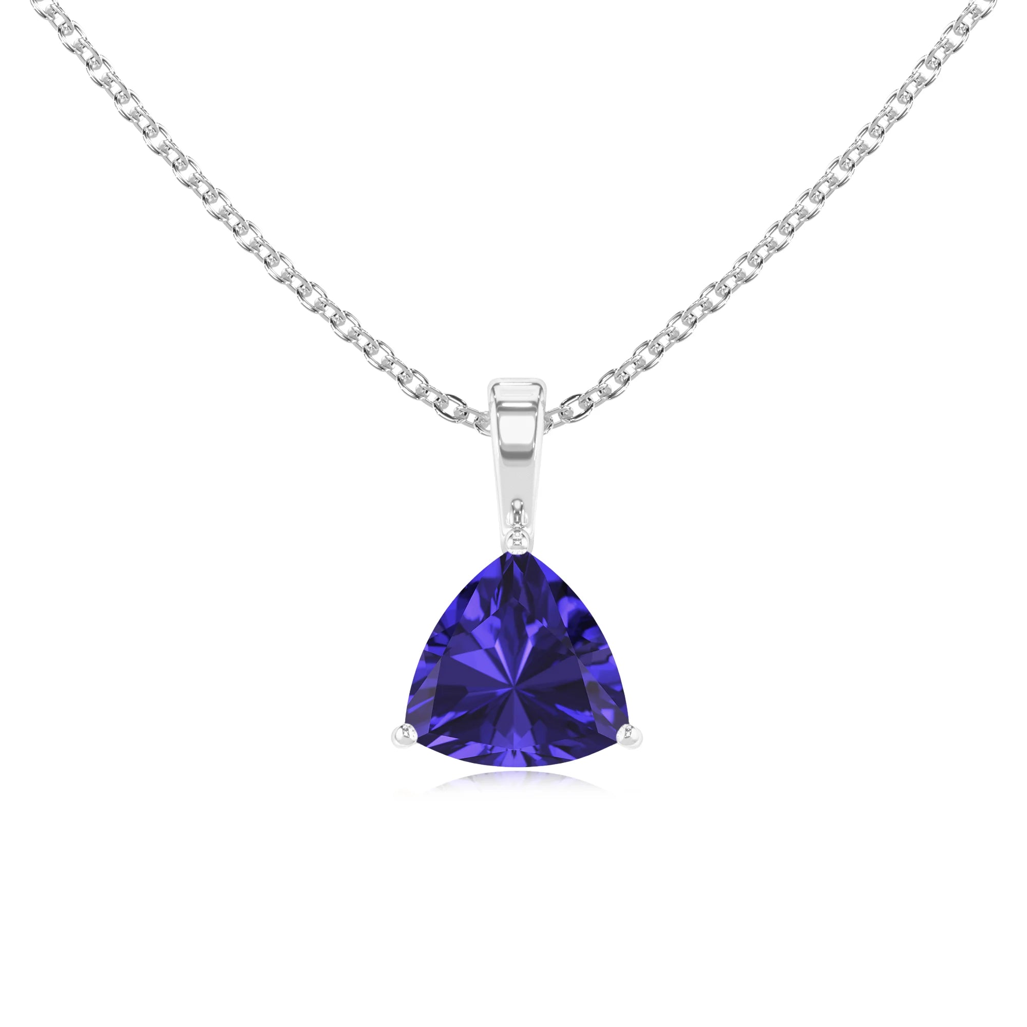 lab grown tanzanite trillion solitaire necklaces in sterling silver
