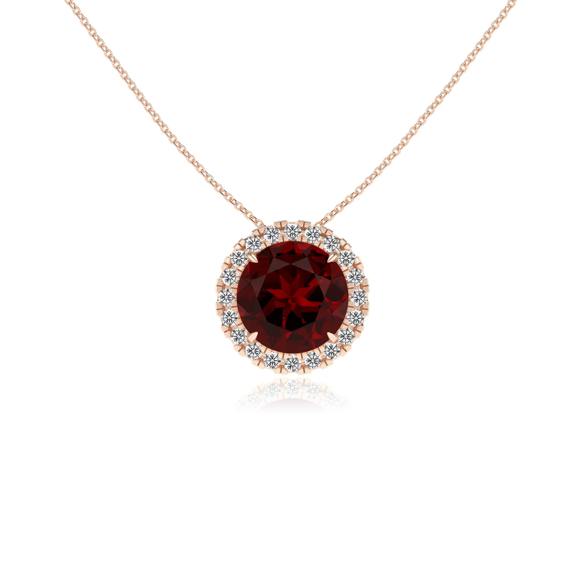 natural garnet round solitaire necklaces in rose gold