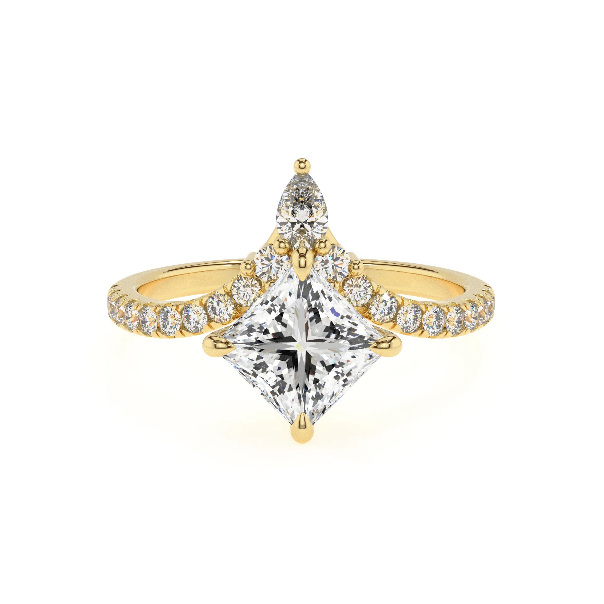 lab grown moissanite princess solitaire rings in yellow gold