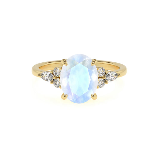 natural rainbow-moonstone oval solitaire rings in yellow gold