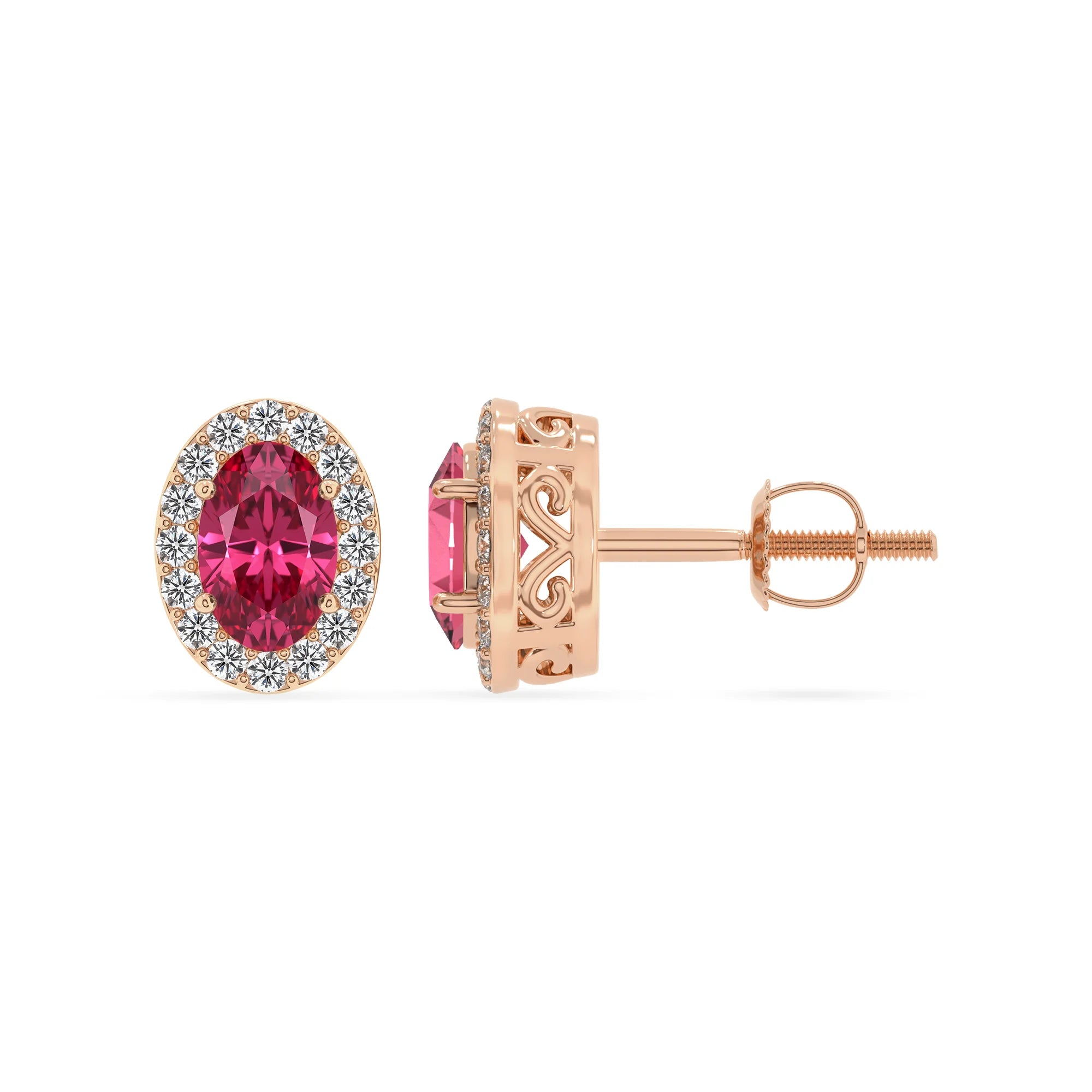 lab grown pink tourmaline oval stud earrings in rose gold