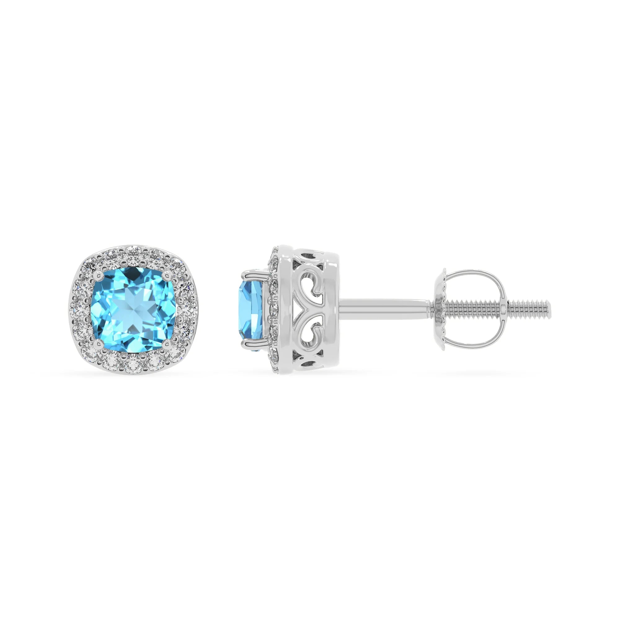 natural swiss blue topaz cushion stud earrings in platinum