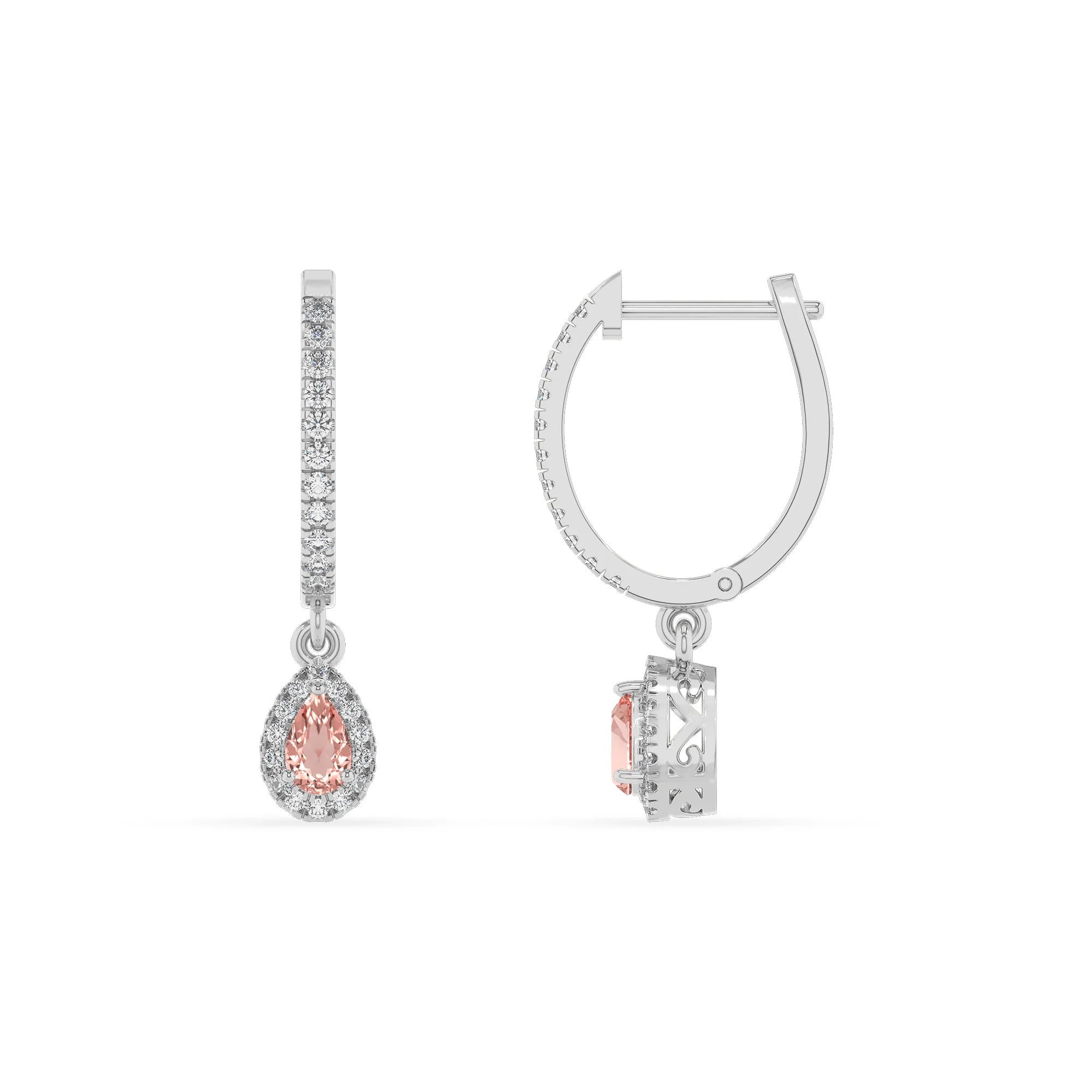 lab grown morganite pear drop earrings in sterling silver