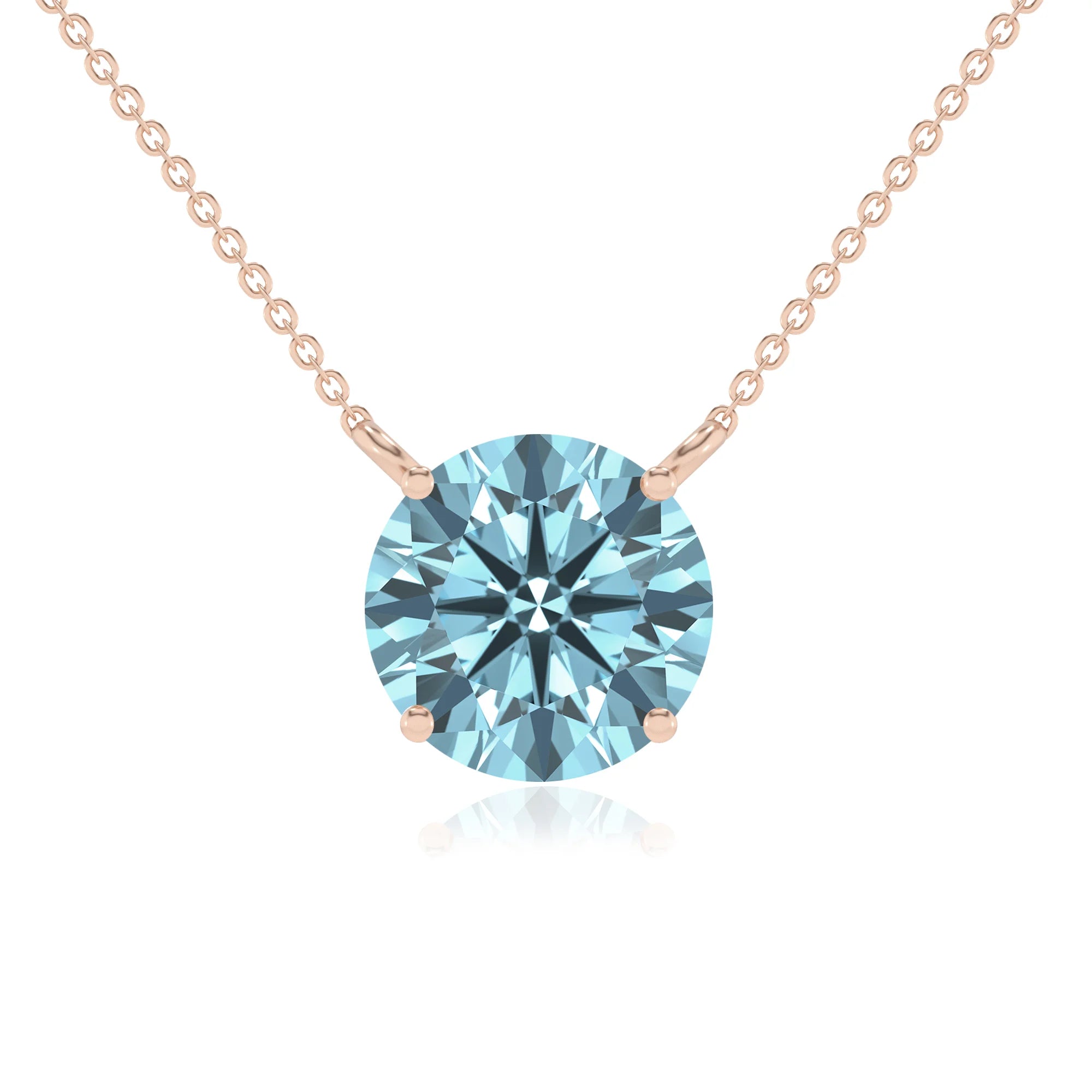 lab grown aquamarine round solitaire necklaces in rose gold