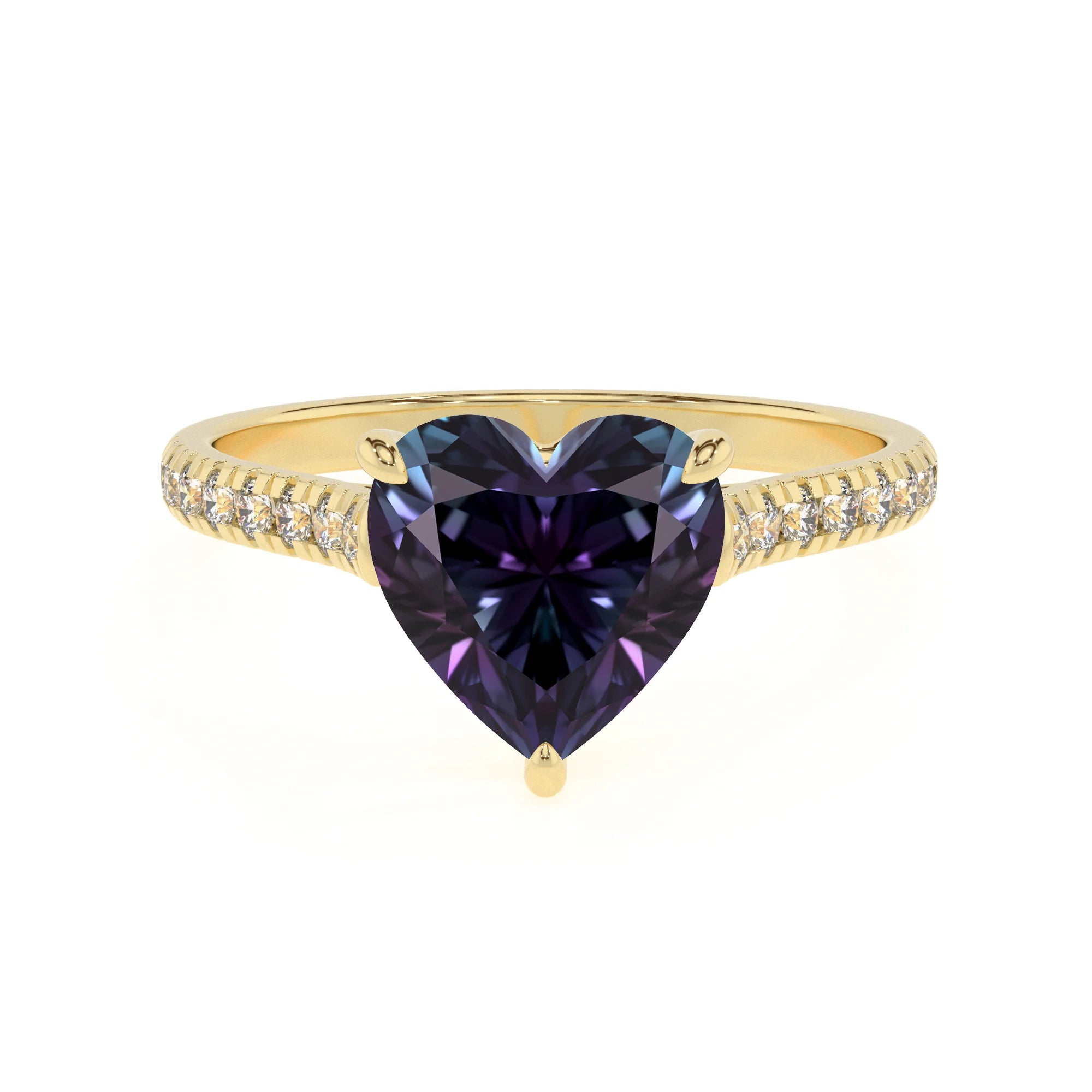 lab grown alexandrite heart half eternity solitaire engagement rings in yellow gold