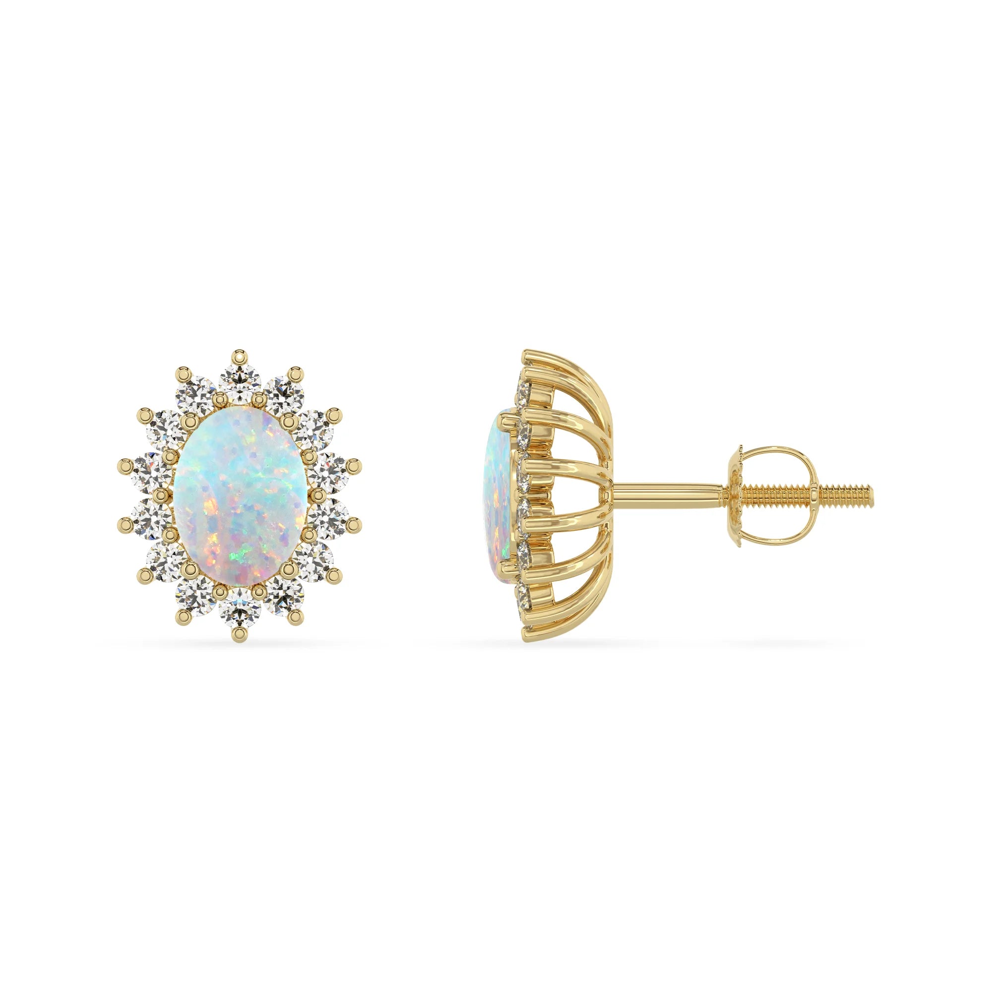 lab grown opal oval stud earrings in yellow gold