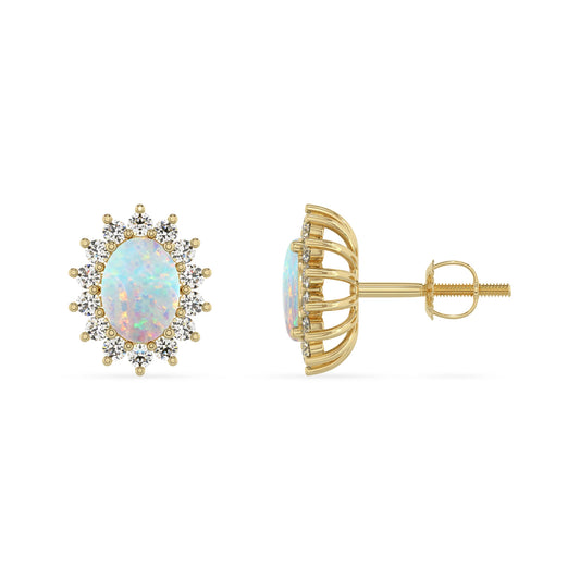 lab grown opal oval stud earrings in yellow gold