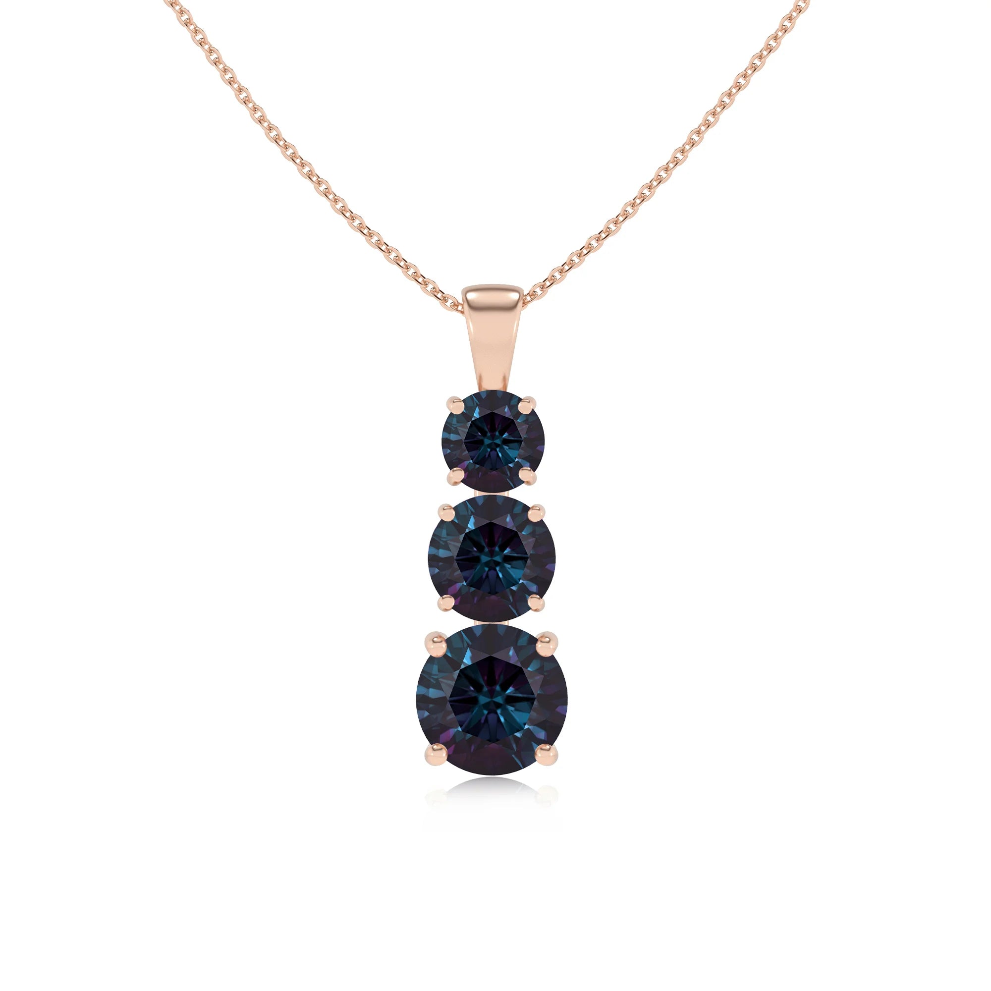 lab grown alexandrite round bar v-bale necklaces in rose gold