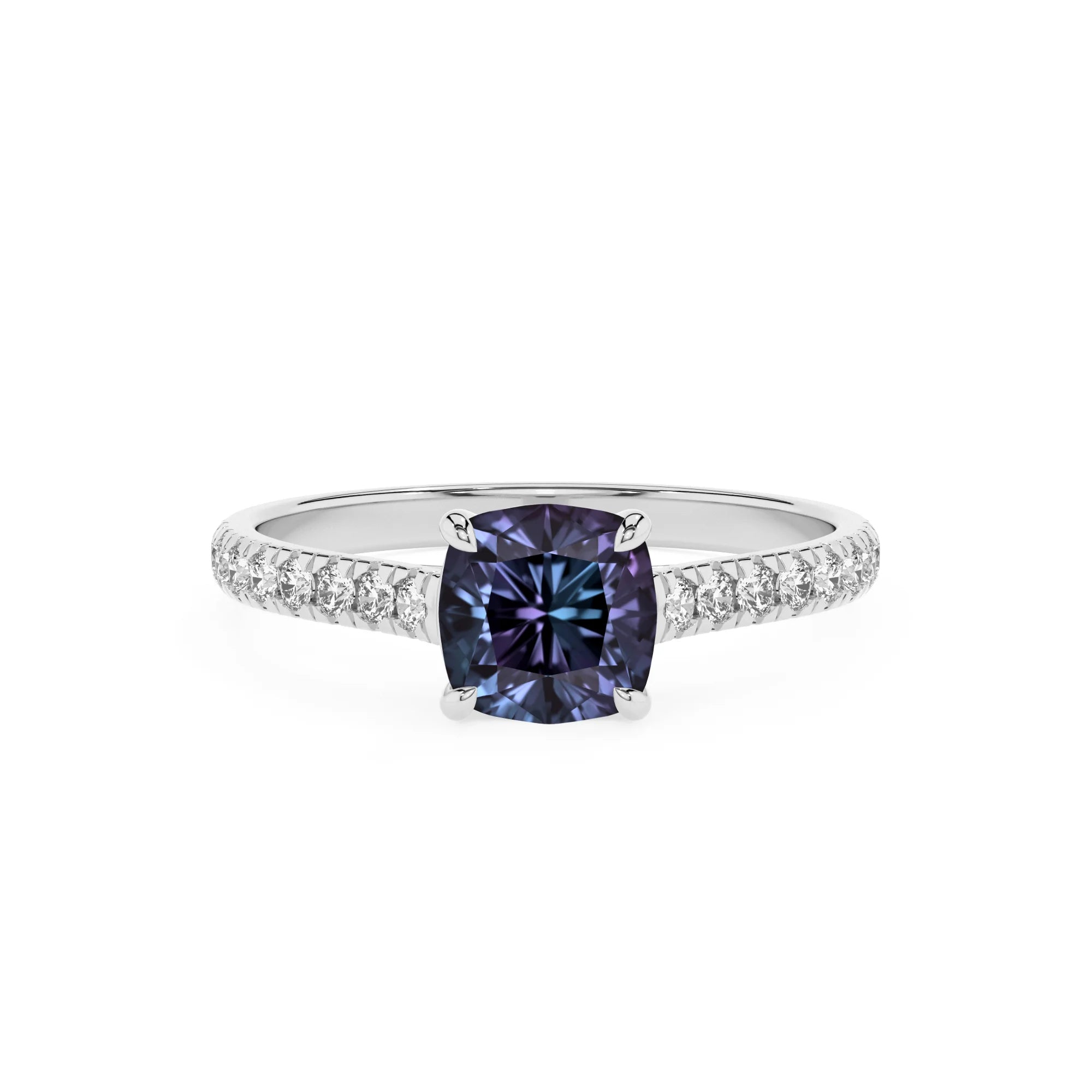 lab grown alexandrite cushion half eternity solitaire engagement rings in platinum