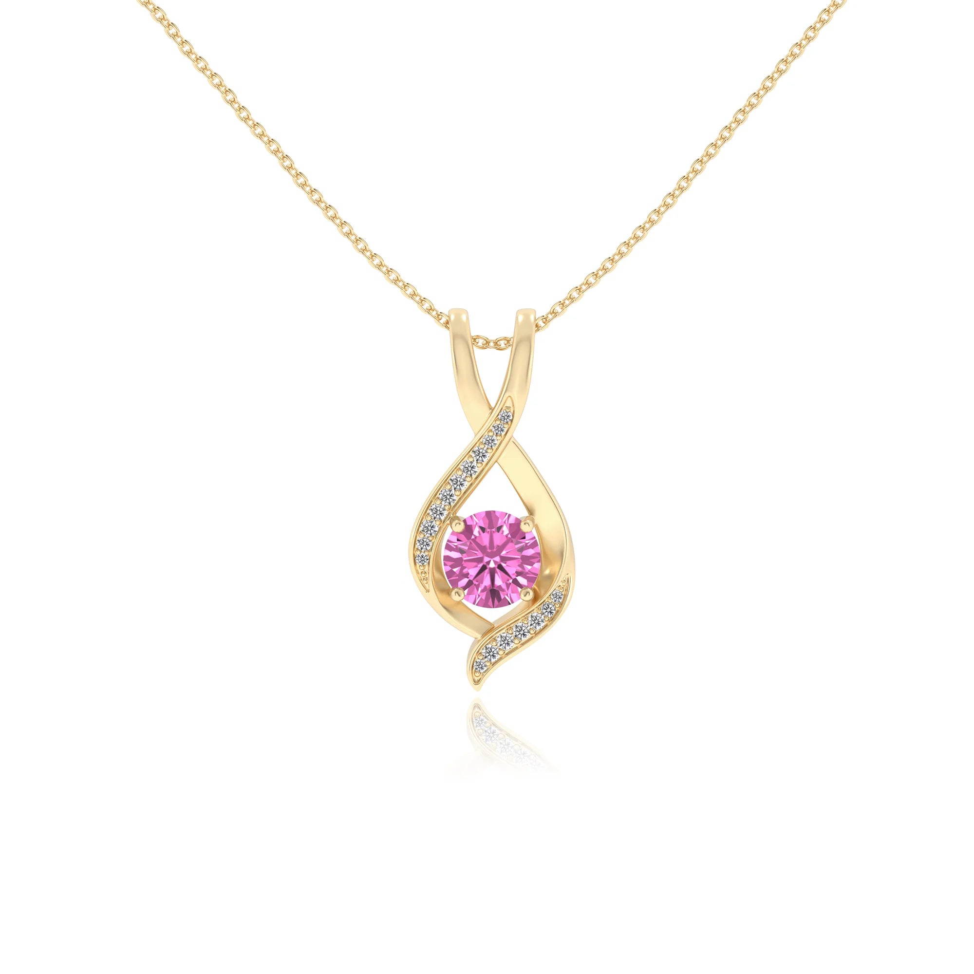 lab grown pink-sapphire round solitaire necklaces in yellow gold