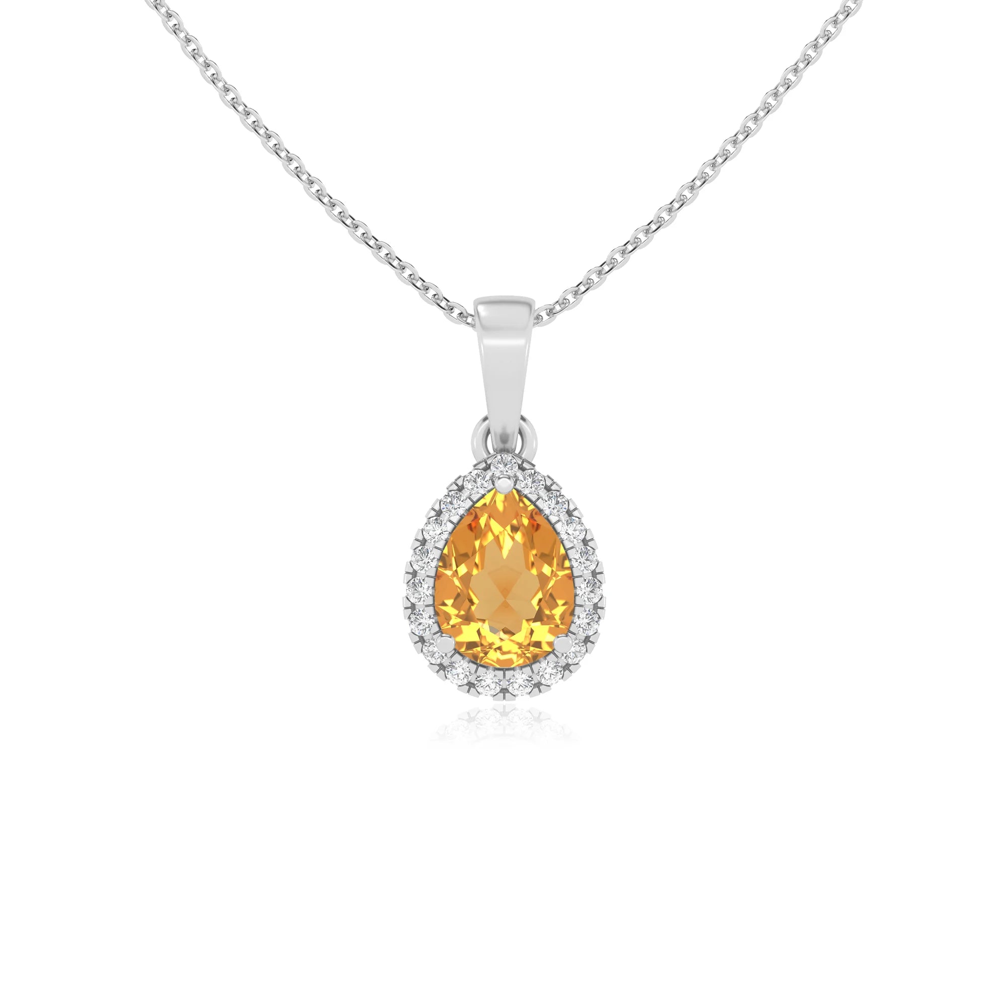 lab grown citrine pear solitaire necklaces in white gold