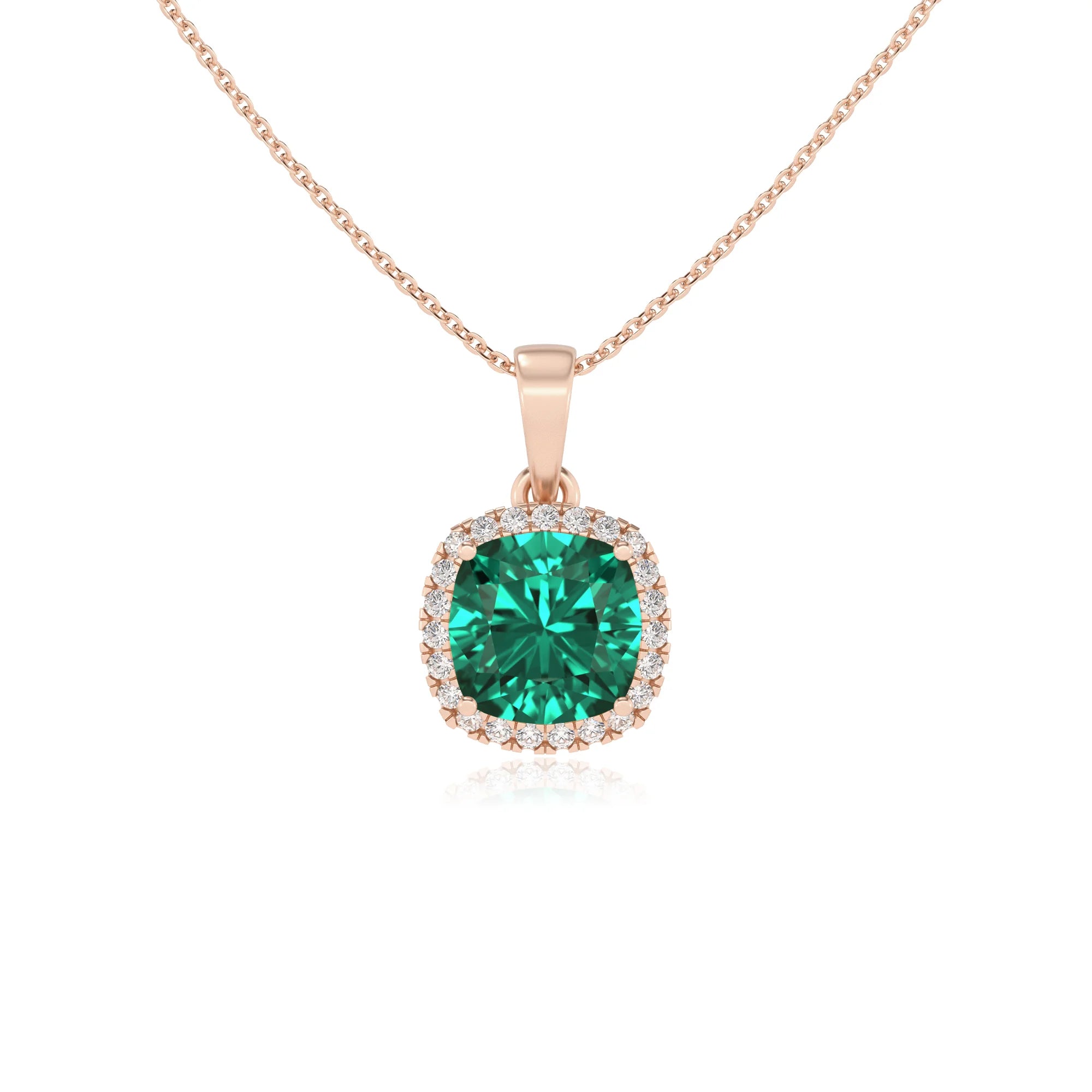 lab grown emerald cushion solitaire necklaces in rose gold