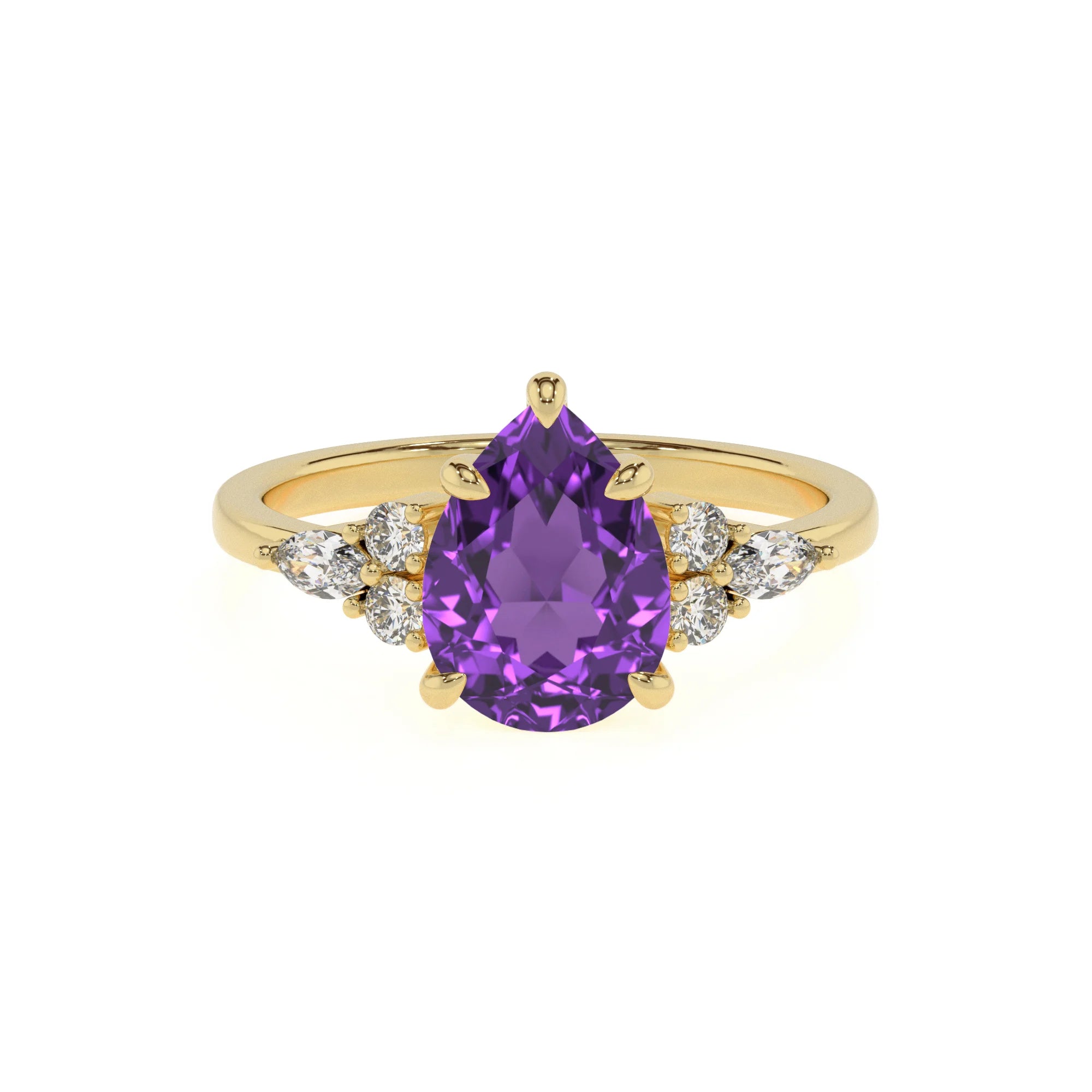 lab grown amethyst pear solitaire rings in yellow gold