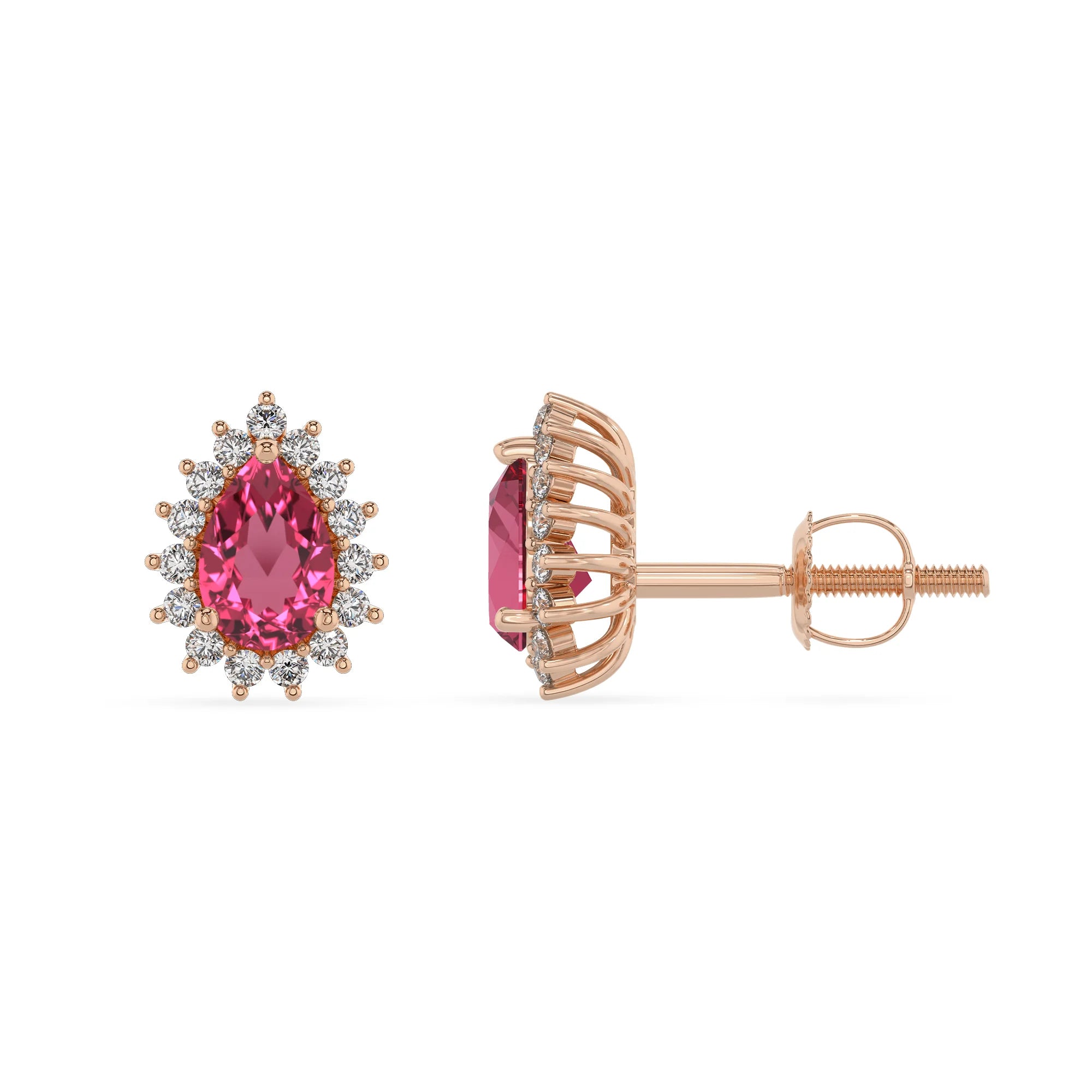 lab grown pink tourmaline pear stud earrings in rose gold
