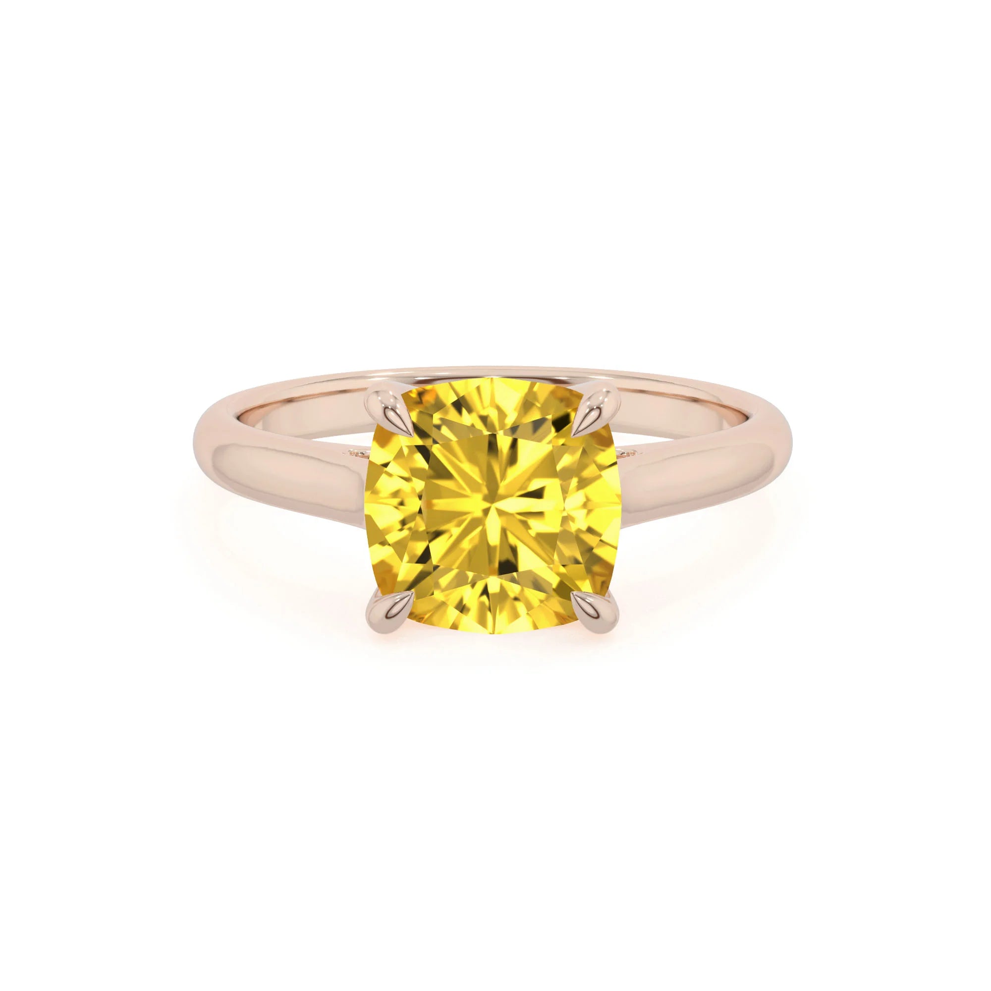 lab grown yellow-sapphire cushion solitaire rings in rose gold