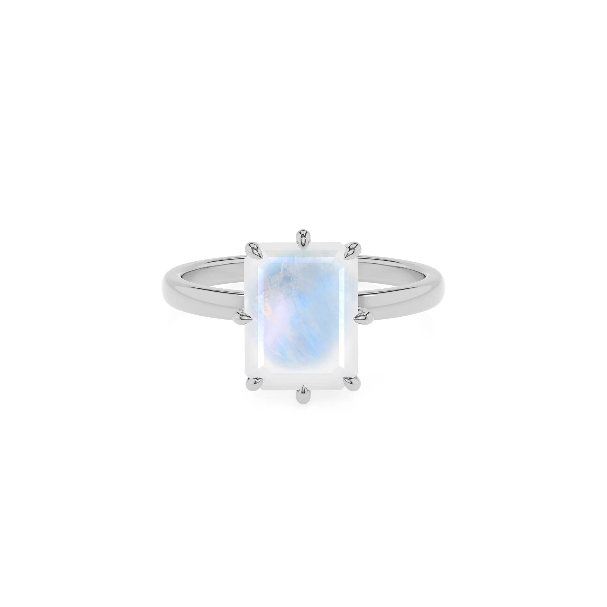 natural rainbow-moonstone emerald cut solitaire rings in white gold