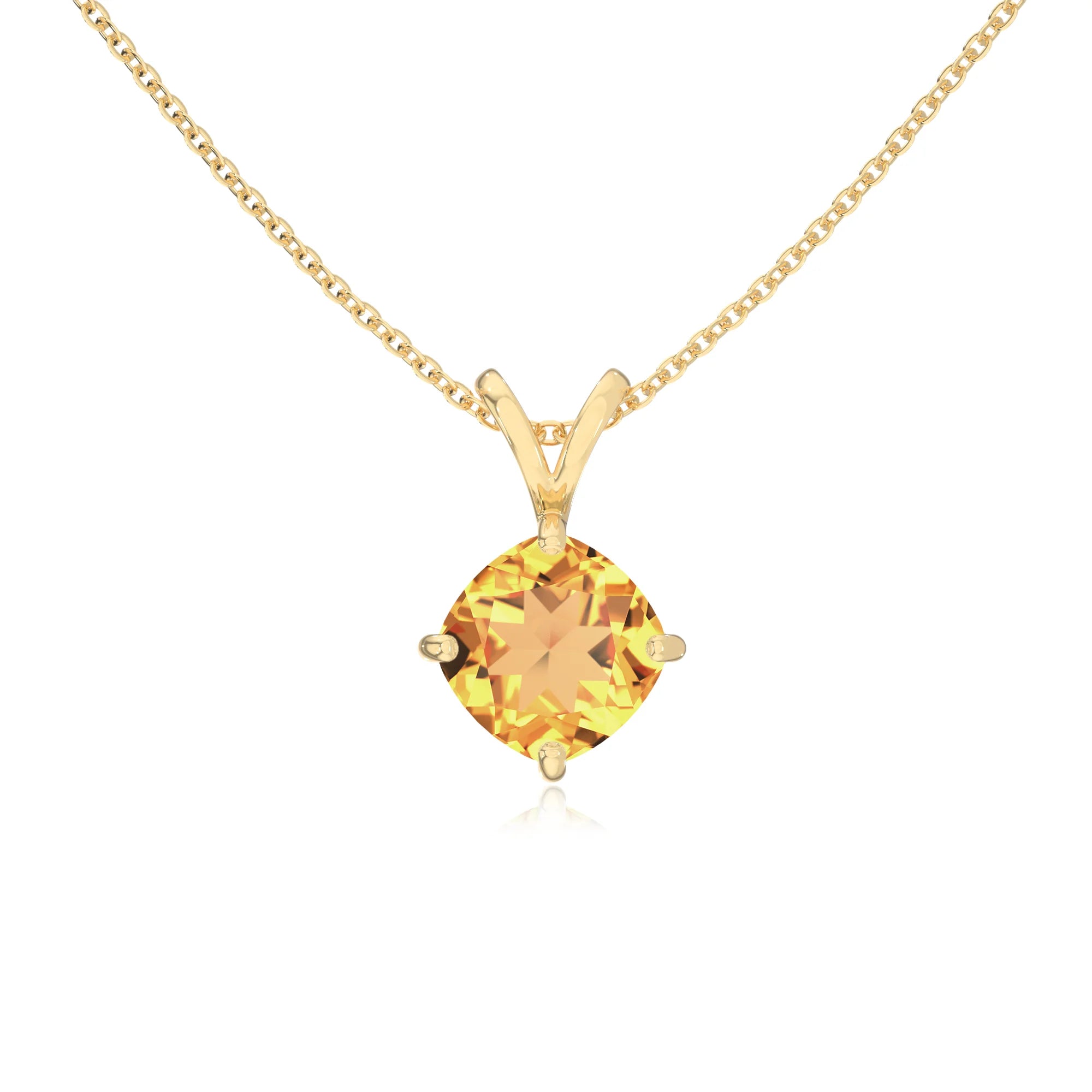 lab grown citrine cushion solitaire v-bale necklaces in yellow gold