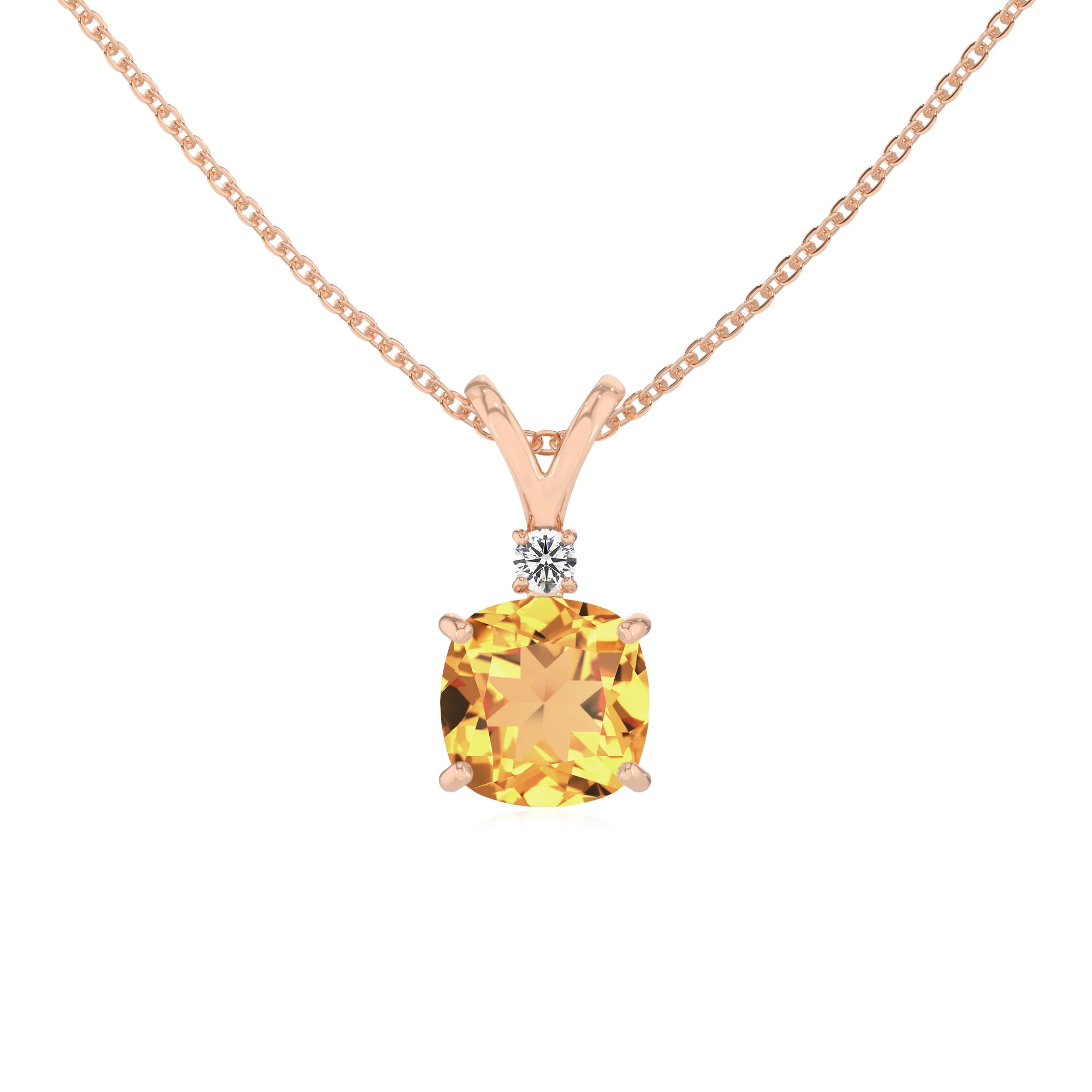 lab grown citrine cushion solitaire v-bale necklaces in rose gold