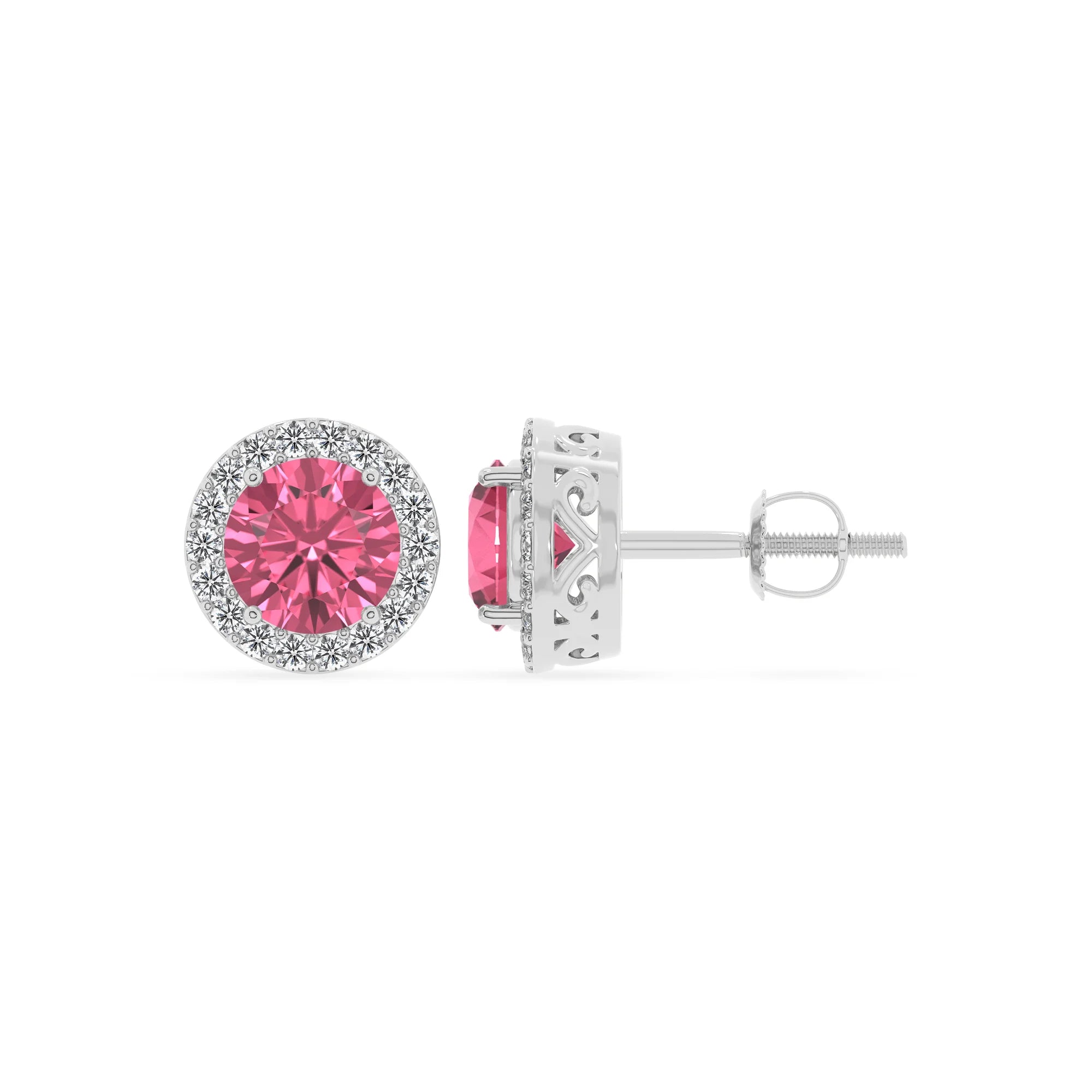 lab grown pink tourmaline round stud earrings in white gold