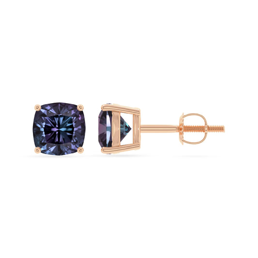 lab grown alexandrite cushion stud earrings in rose gold