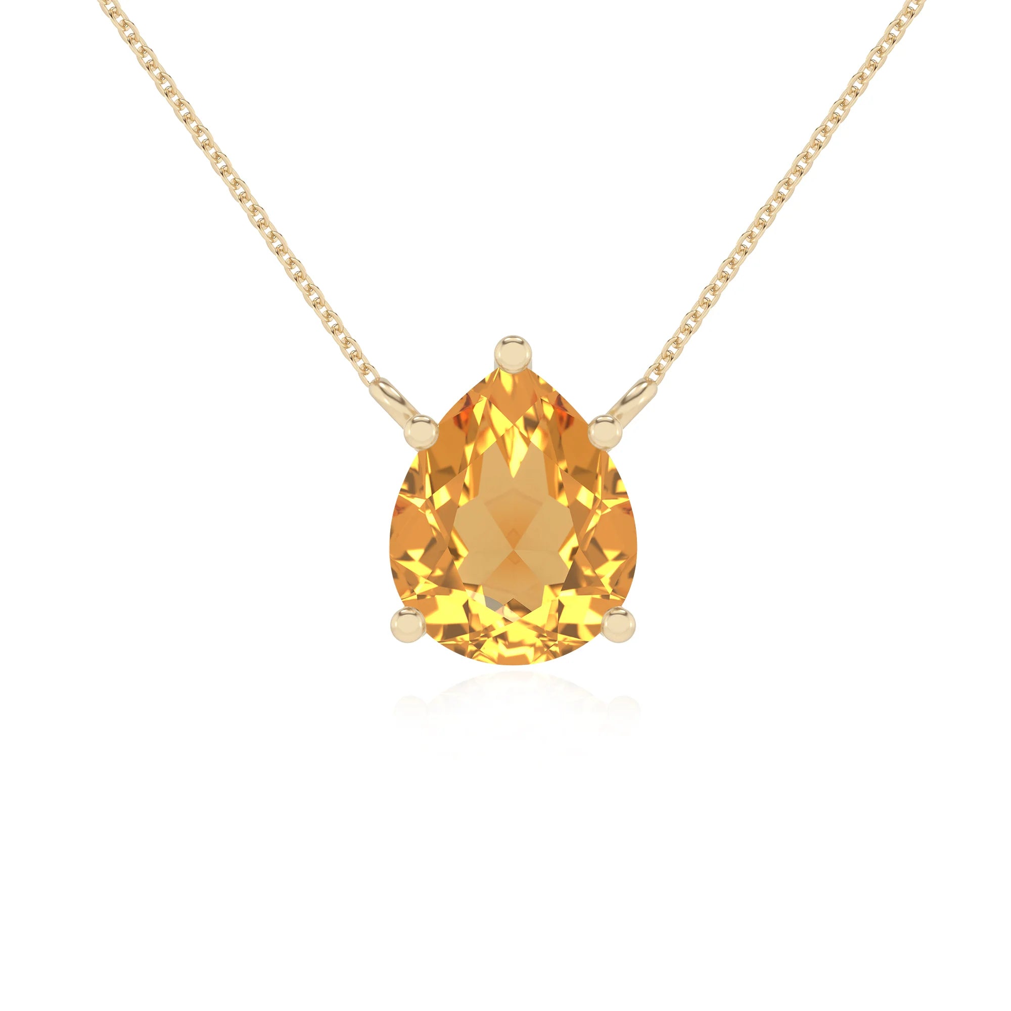 lab grown citrine pear solitaire necklaces in yellow gold