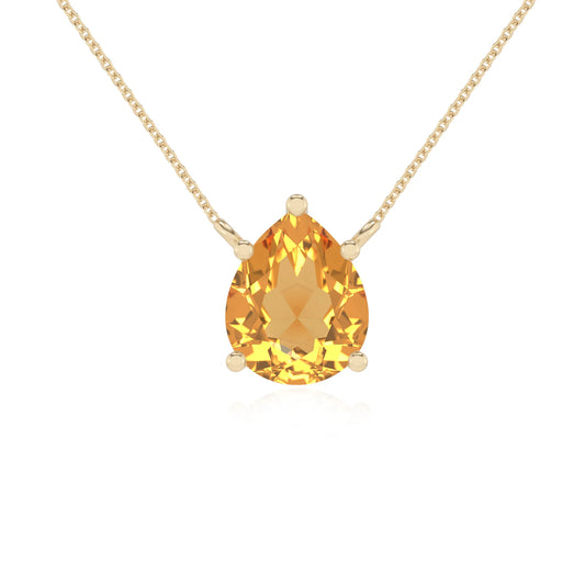 lab grown citrine pear solitaire necklaces in yellow gold
